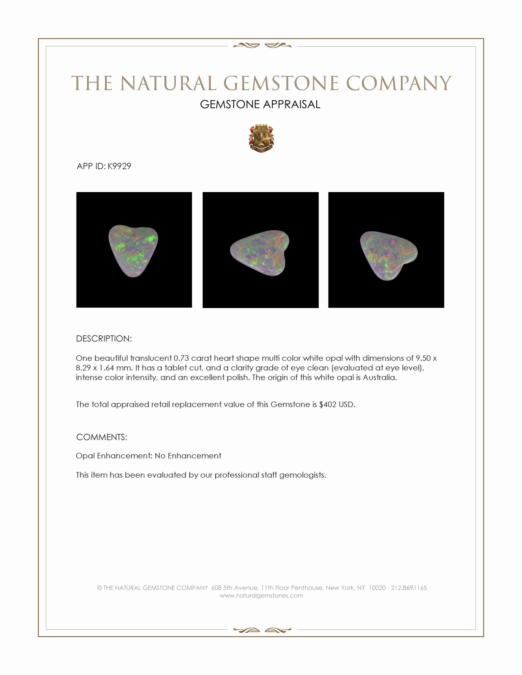 0.73 Ct. Multi Color White Opal from Australia