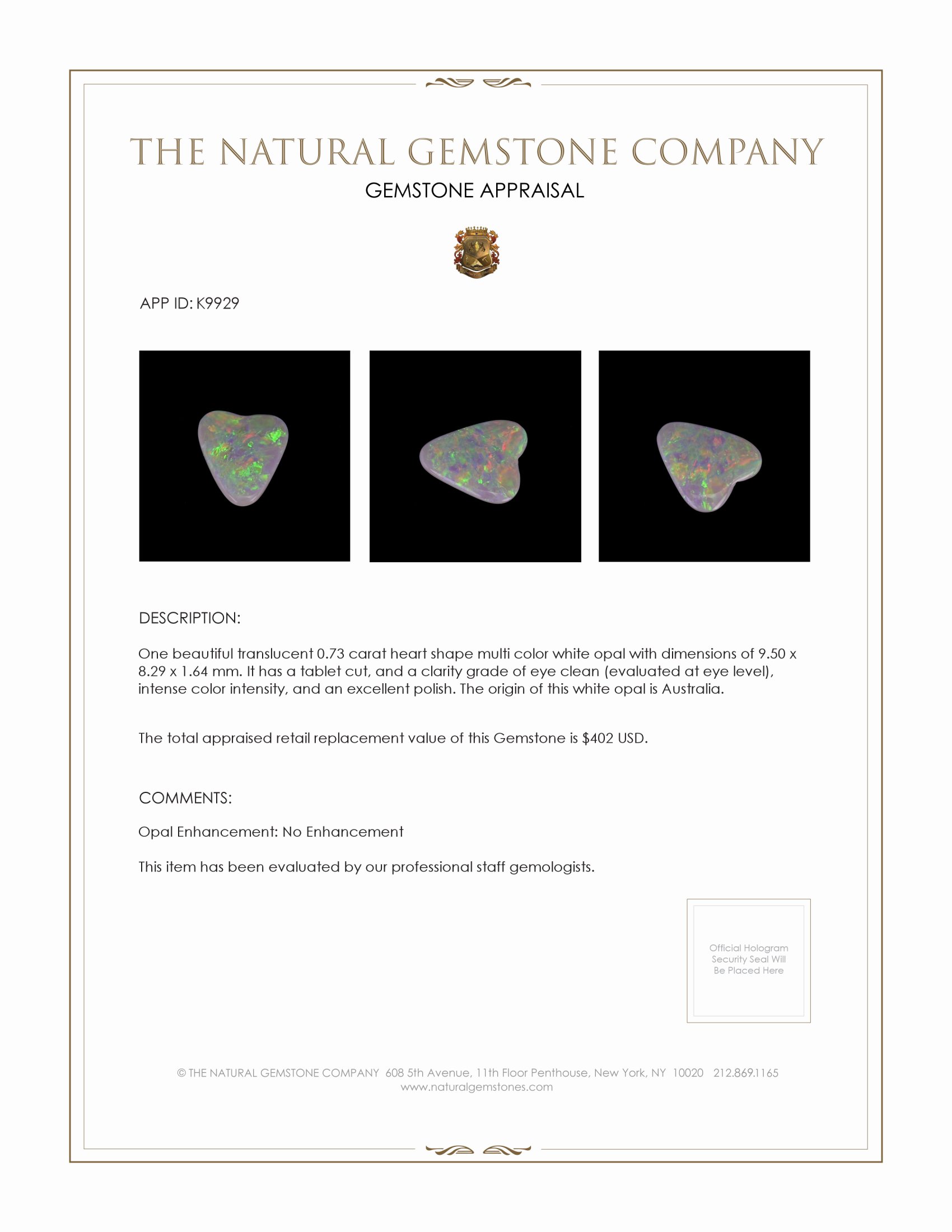 0.73 Ct. White Opal from Australia