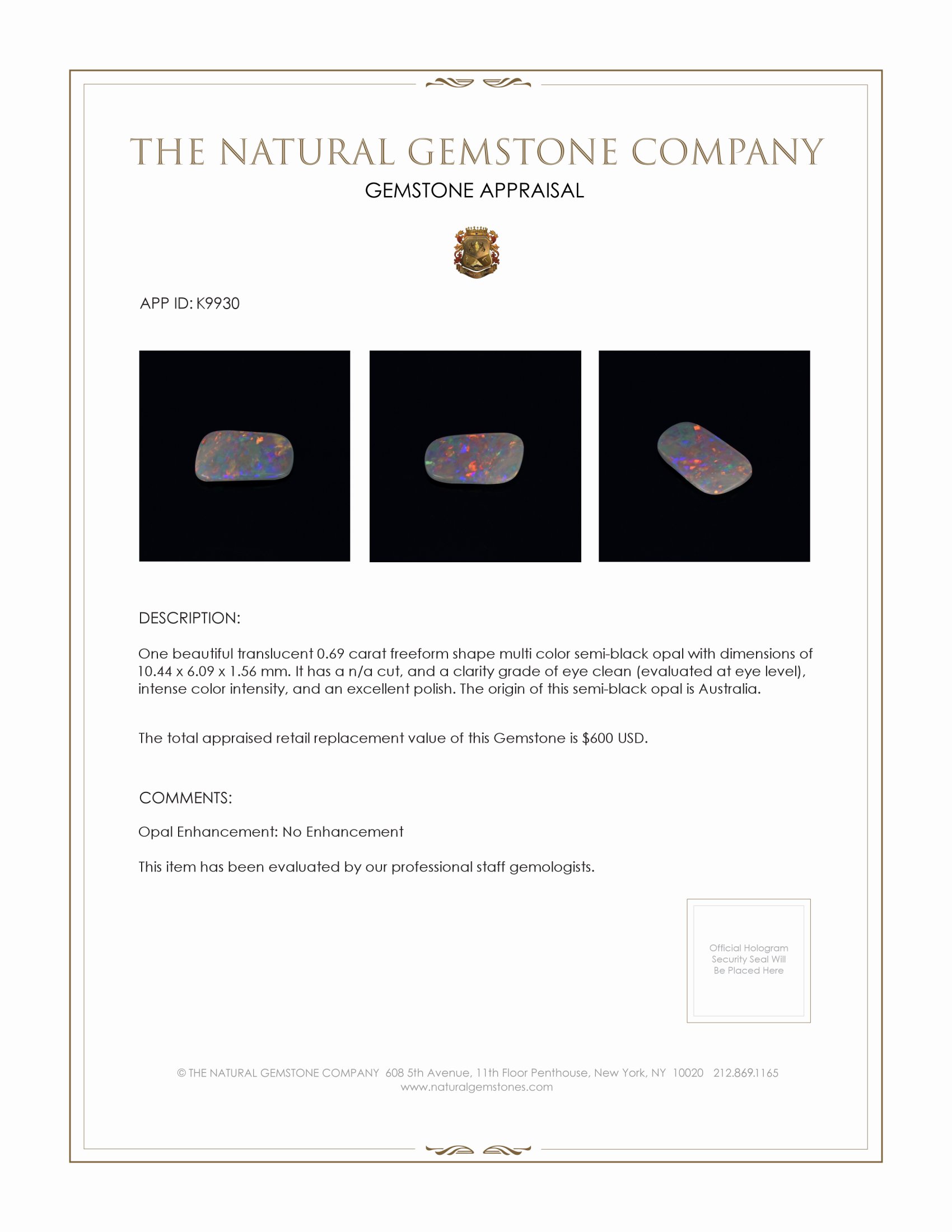 0.69 Ct. Semi-Black Opal from Australia