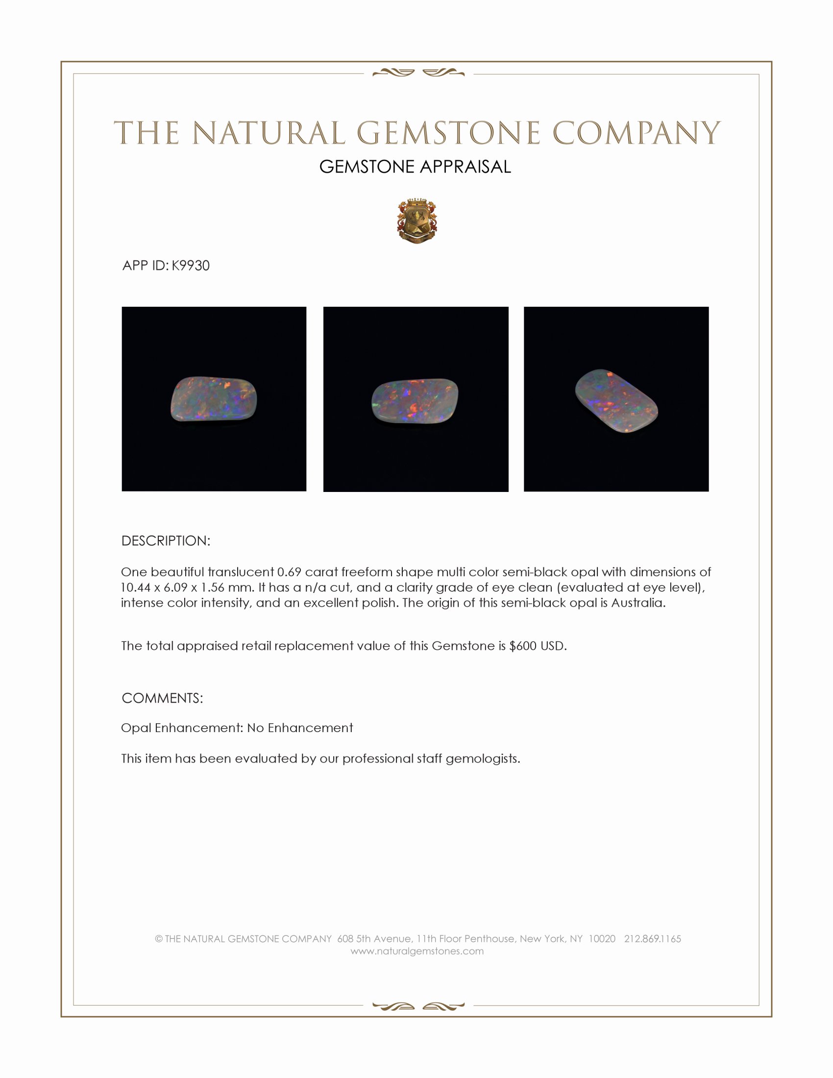 0.69 Ct. Multi Color Semi-Black Opal from Australia