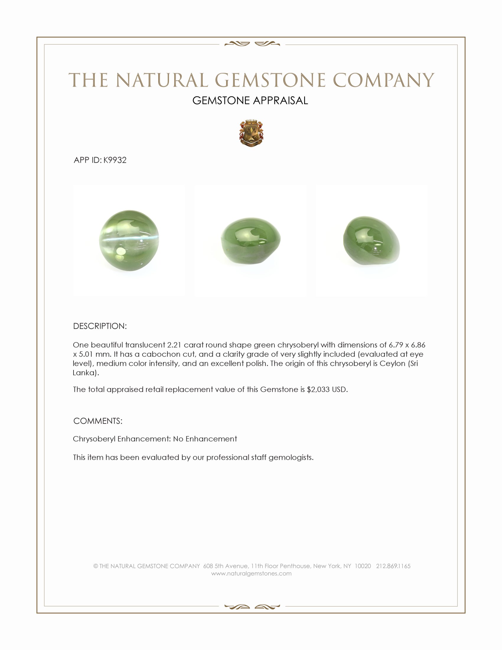 2.21 Ct. Cabochon Chrysoberyl from Ceylon (Sri Lanka)