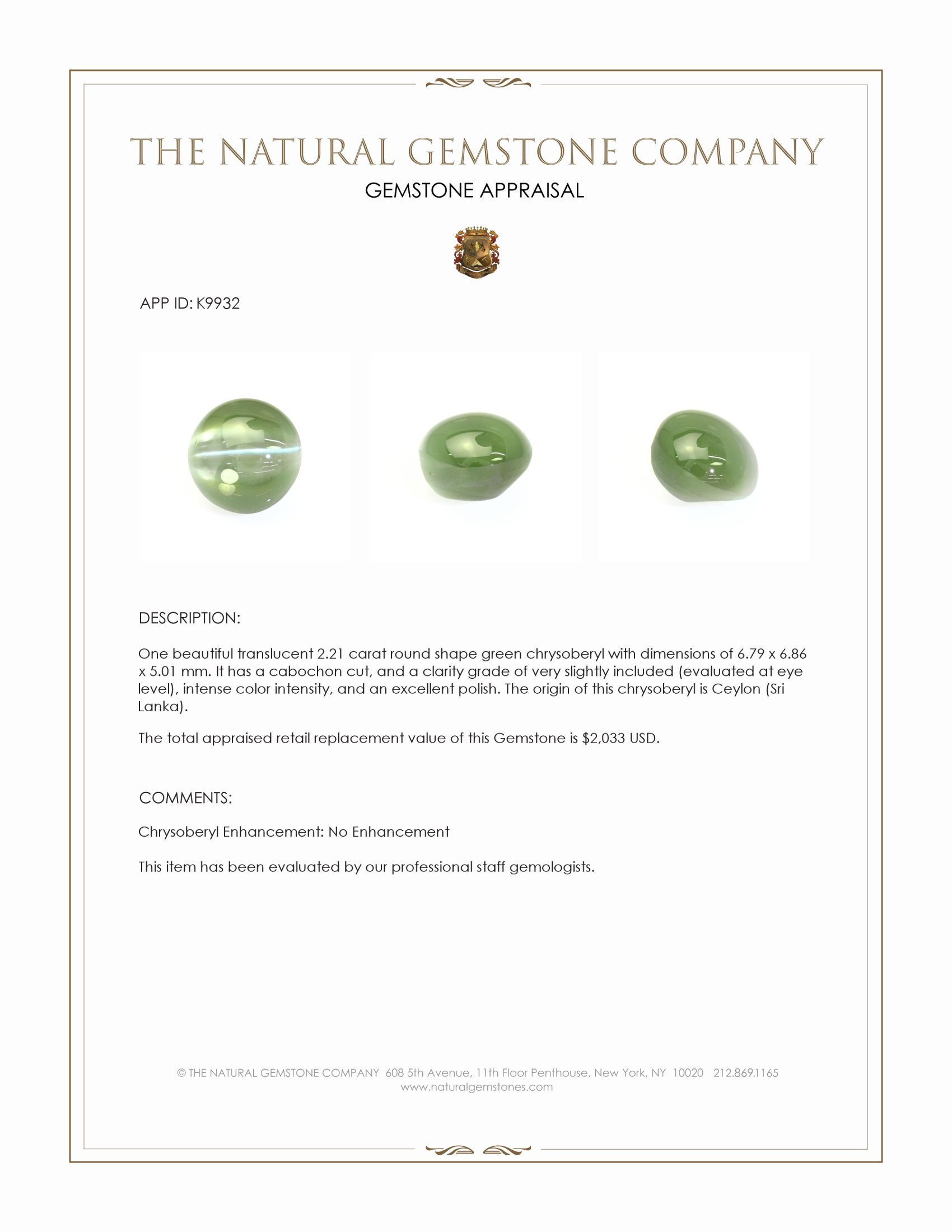 2.21 Ct. Green Cabochon Chrysoberyl from Ceylon (Sri Lanka)
