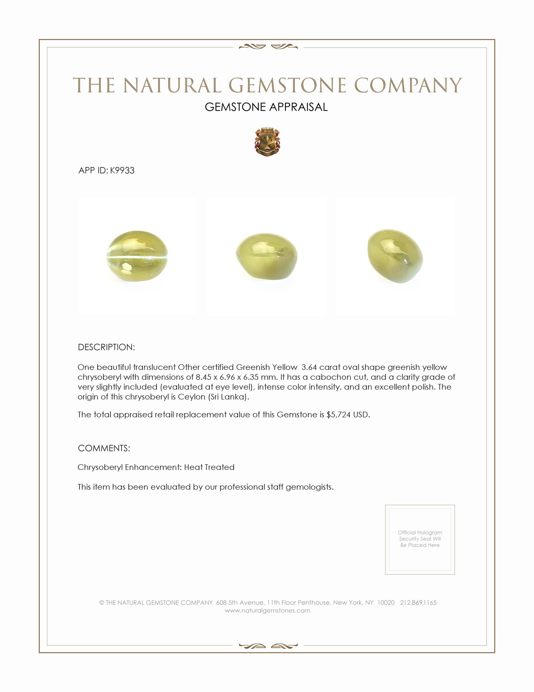 3.64 Ct. Cabochon Chrysoberyl from Ceylon (Sri Lanka)