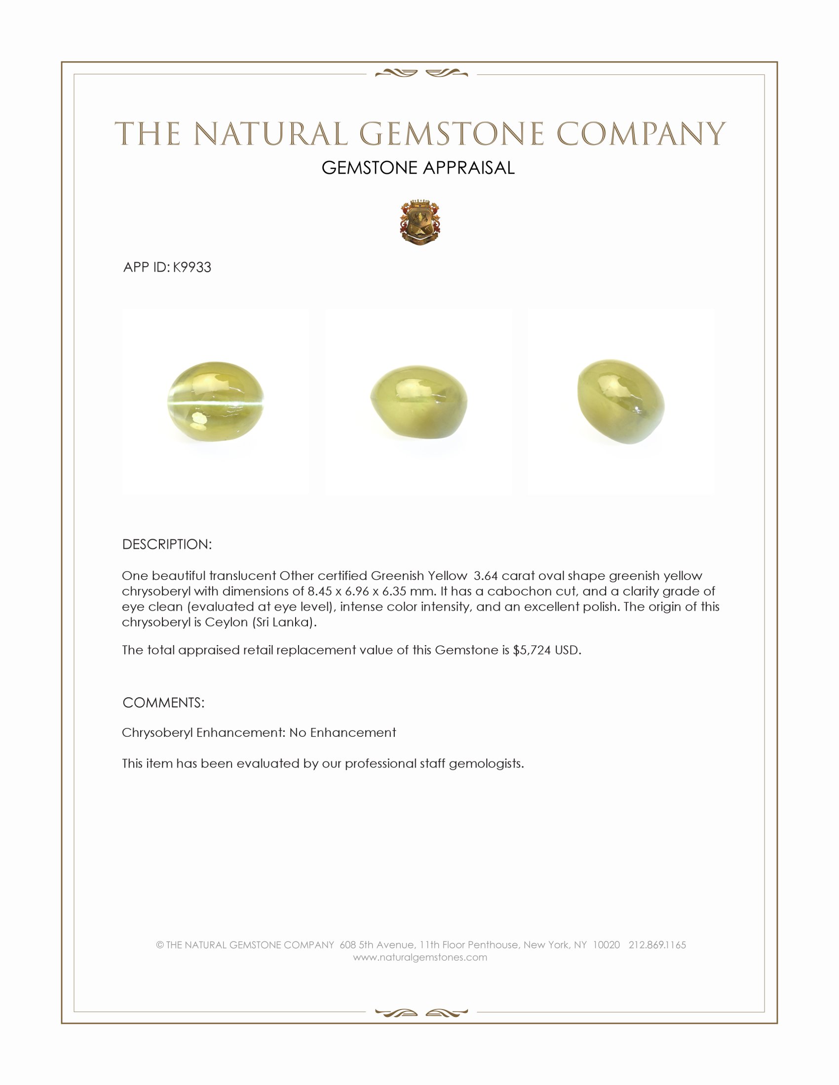 3.64 Ct. Cabochon Chrysoberyl from Ceylon (Sri Lanka)