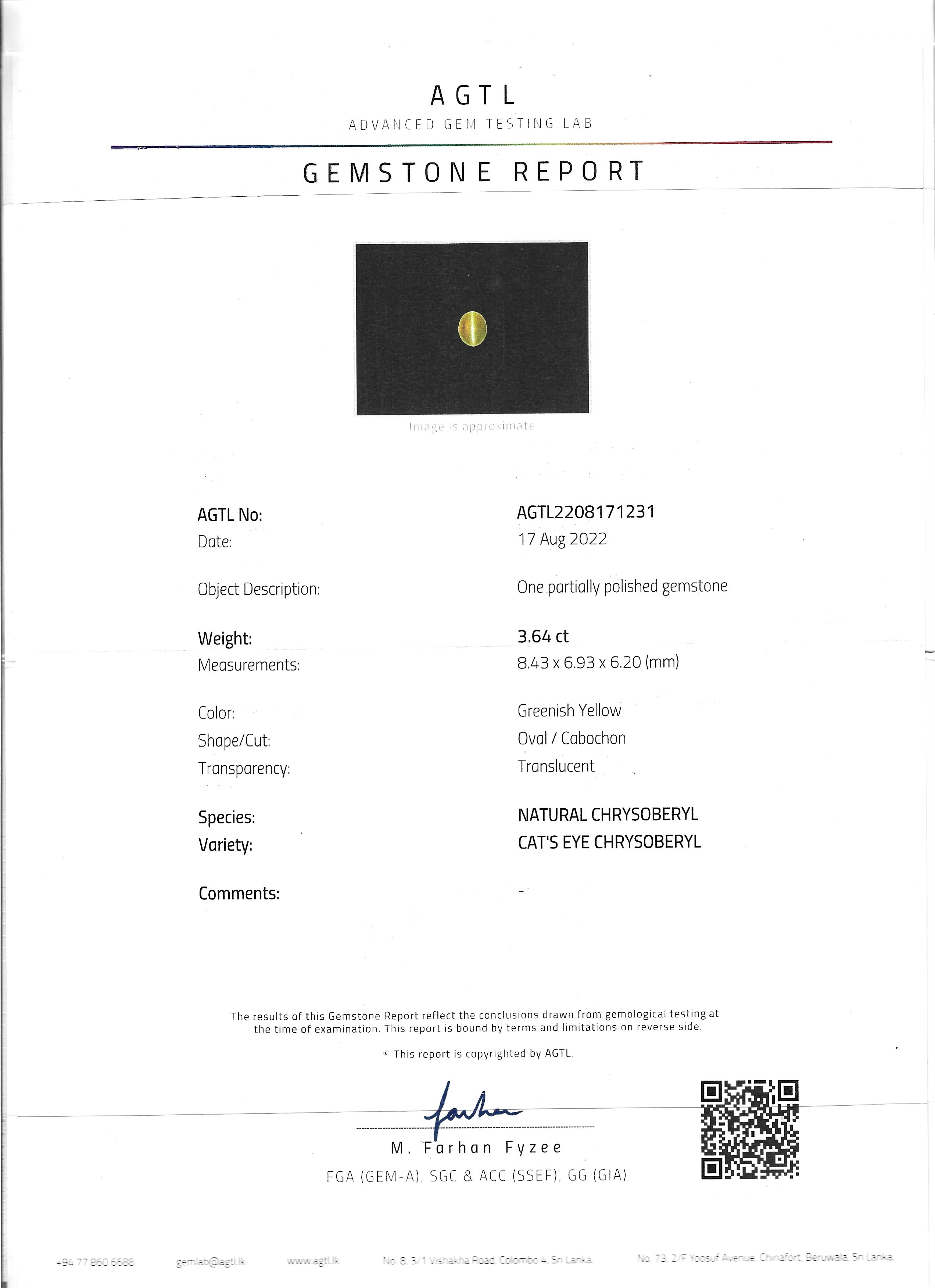 3.64 Ct. Cabochon Chrysoberyl from Ceylon (Sri Lanka)