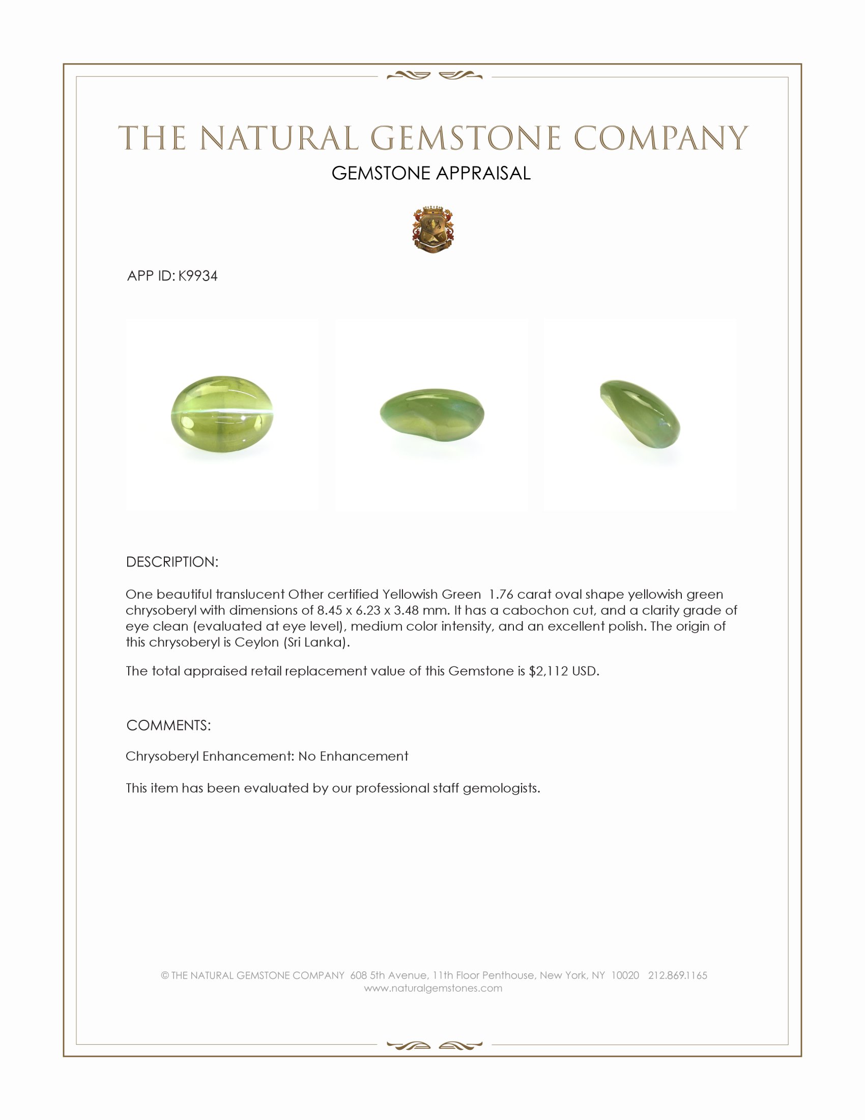 1.76 Ct. Yellowish Green Cabochon Chrysoberyl from Ceylon (Sri Lanka)