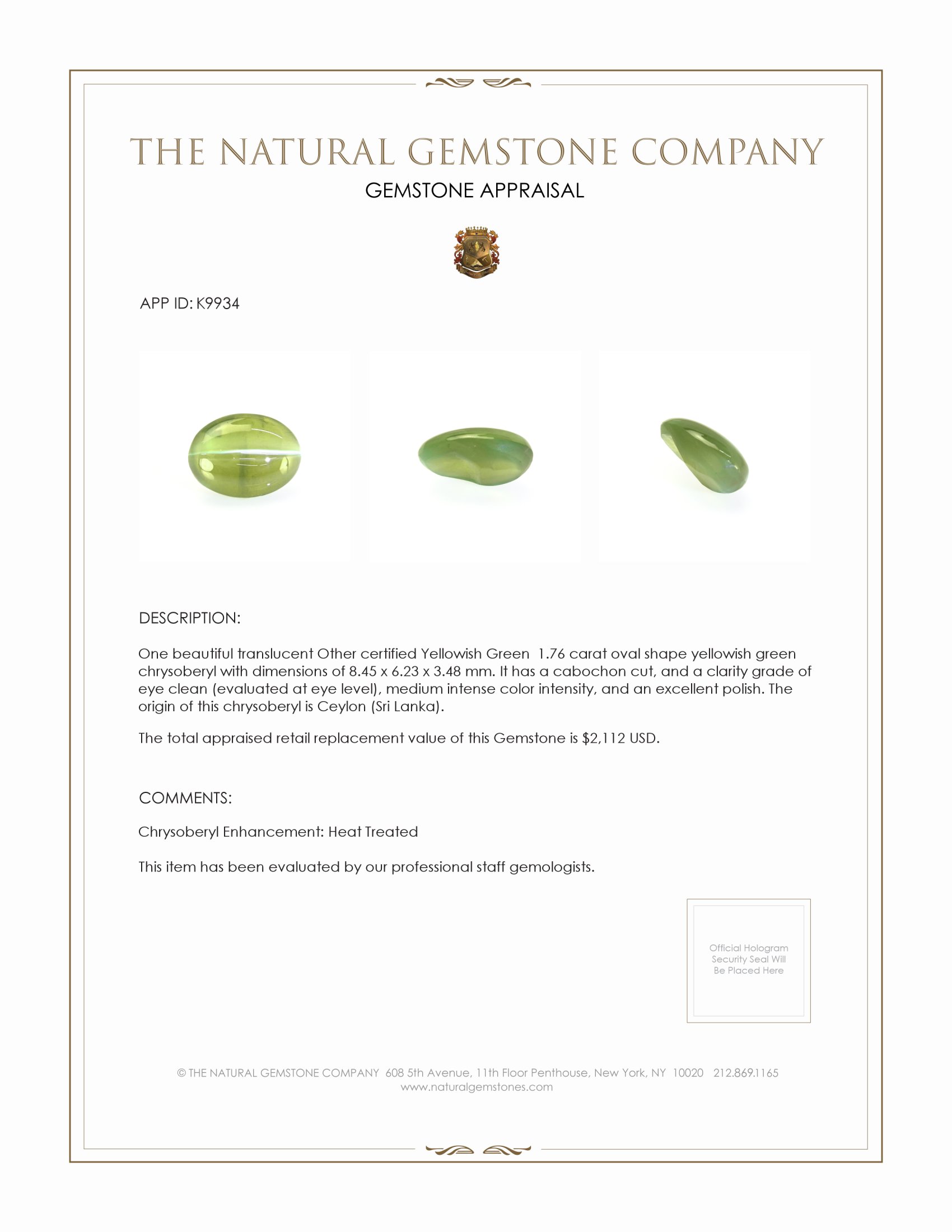 1.76 Ct. Cabochon Chrysoberyl from Ceylon (Sri Lanka)