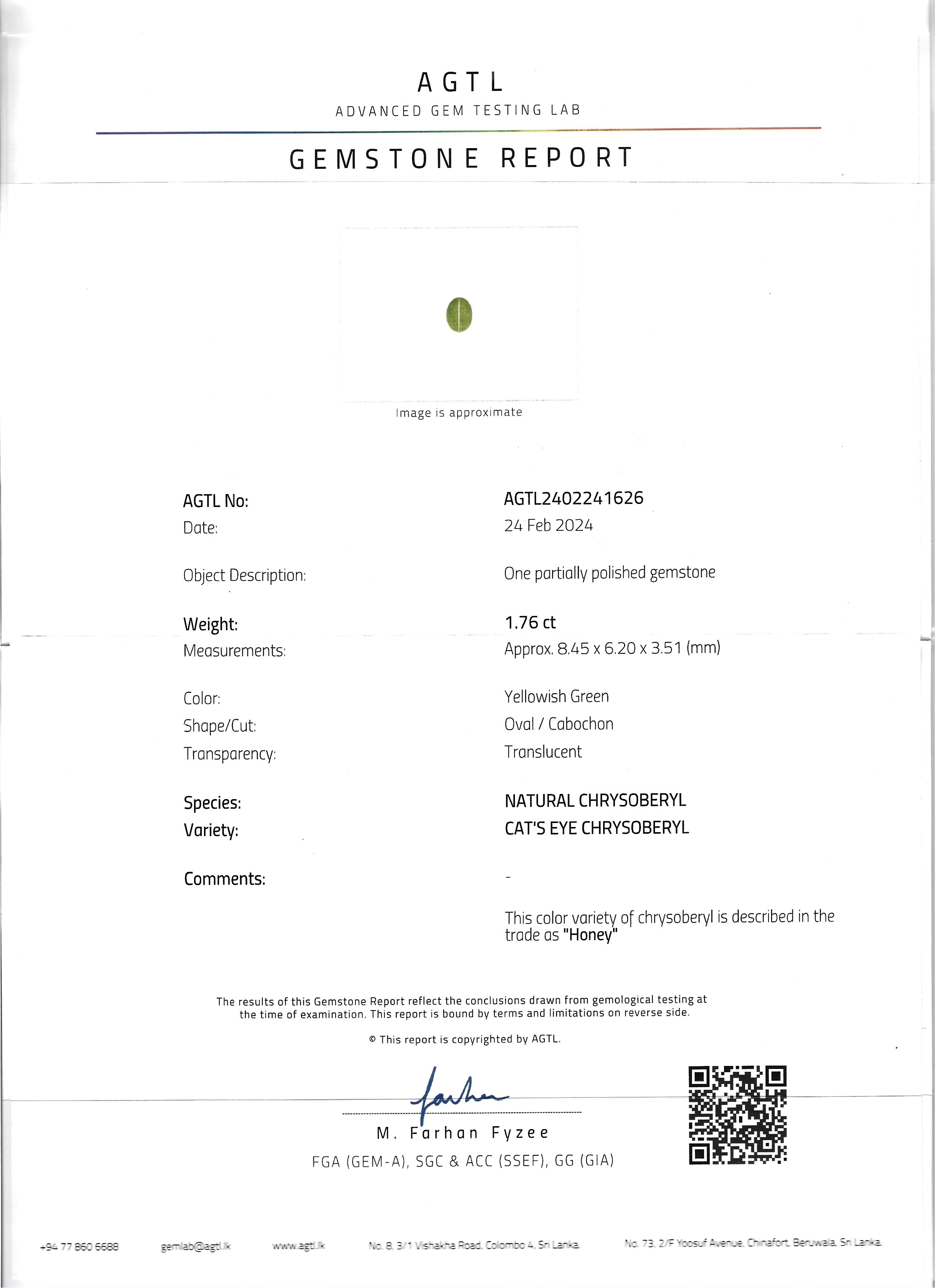 1.76 Ct. Cabochon Chrysoberyl from Ceylon (Sri Lanka)