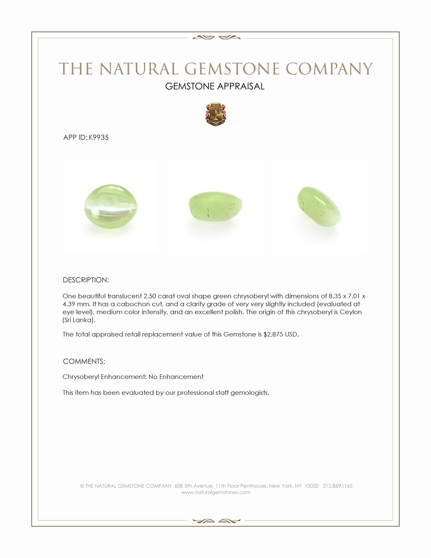 2.50 Ct. Cabochon Chrysoberyl from Ceylon (Sri Lanka)