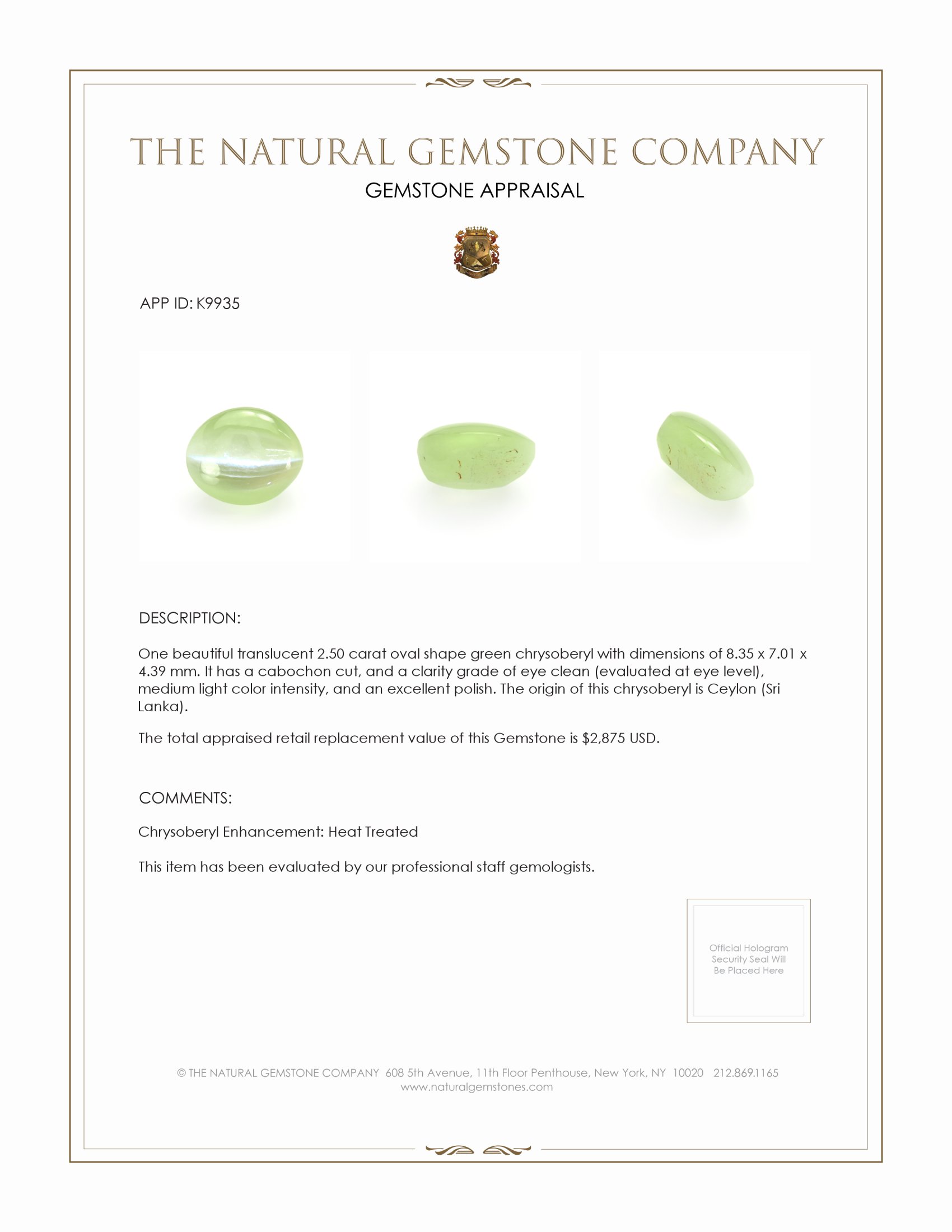 2.50 Ct. Cabochon Chrysoberyl from Ceylon (Sri Lanka)