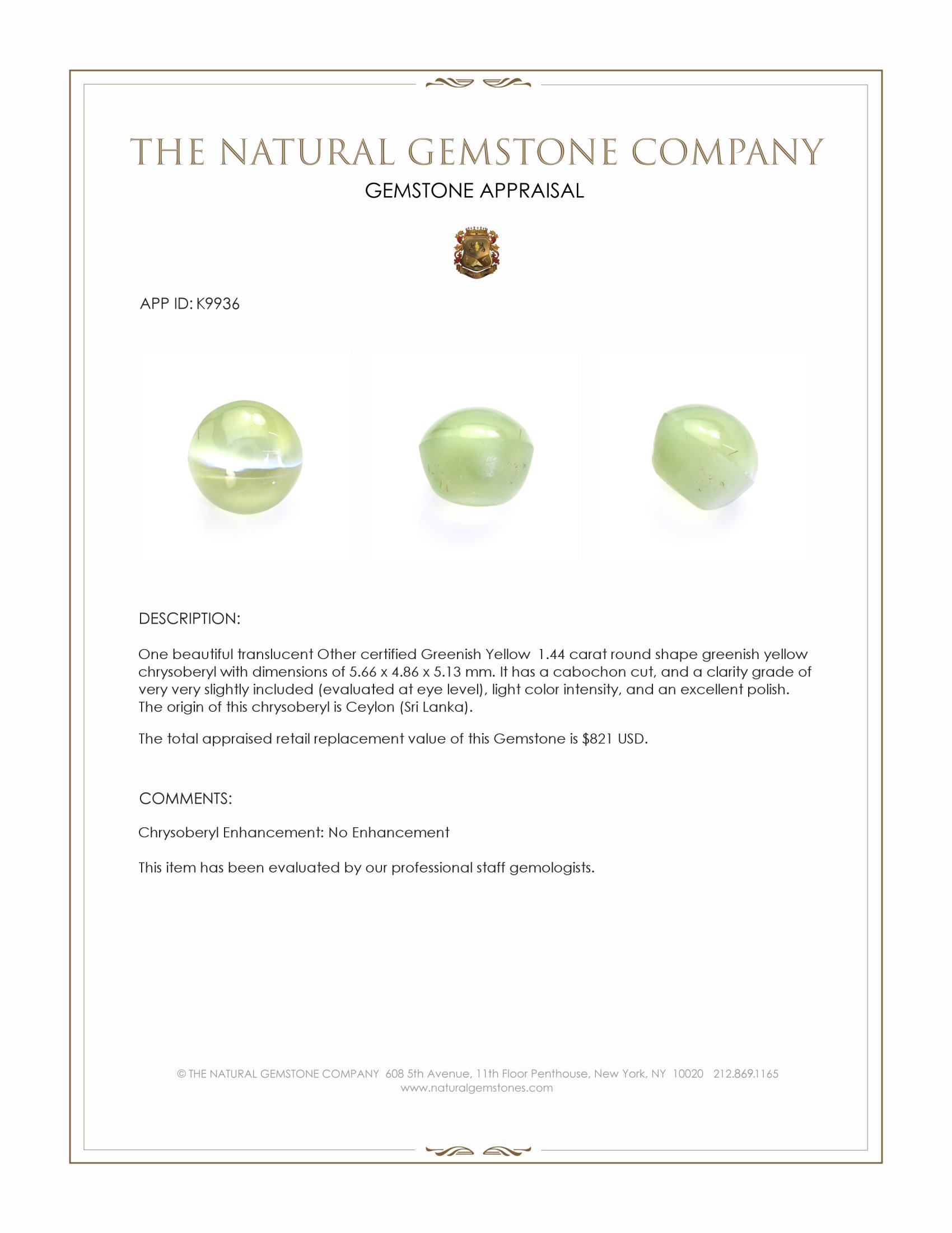 1.44 Ct. Cabochon Chrysoberyl from Ceylon (Sri Lanka)