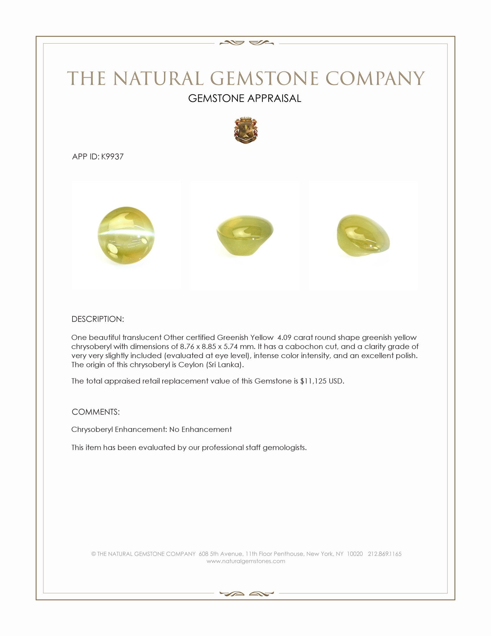 4.09 Ct. Cabochon Chrysoberyl from Ceylon (Sri Lanka)