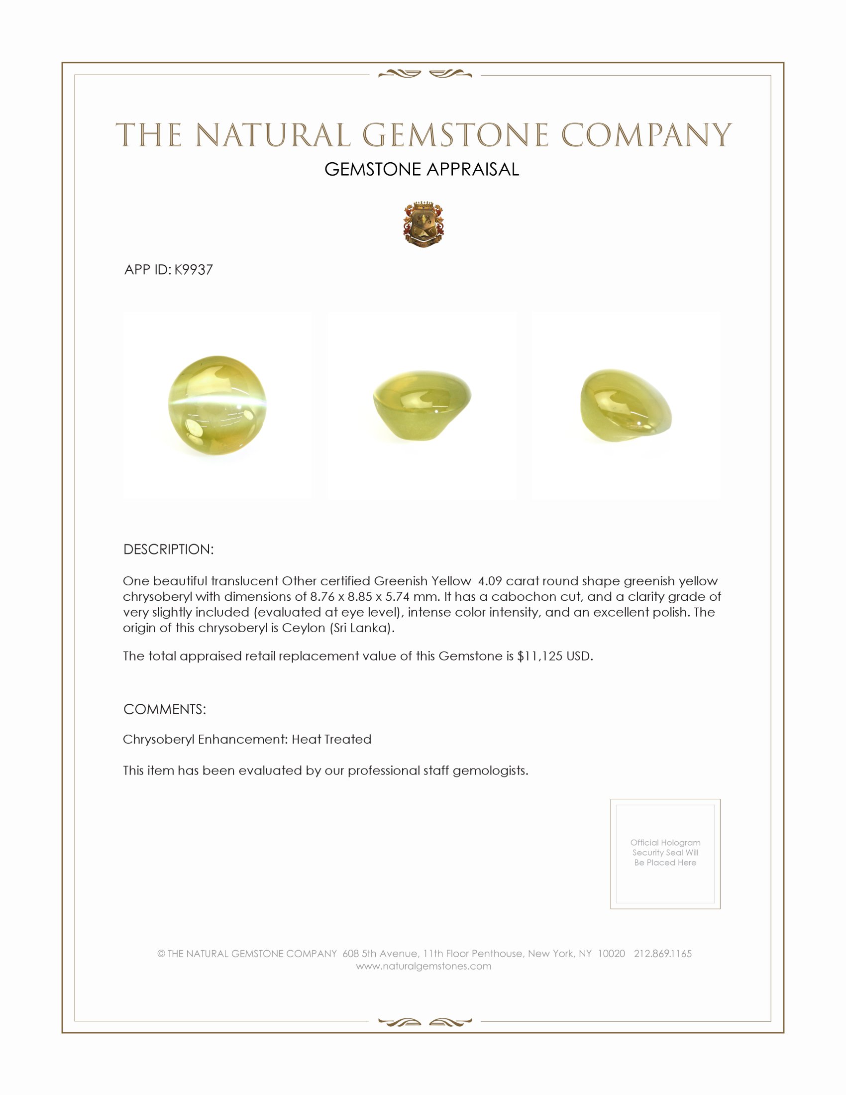 4.09 Ct. Cabochon Chrysoberyl from Ceylon (Sri Lanka)