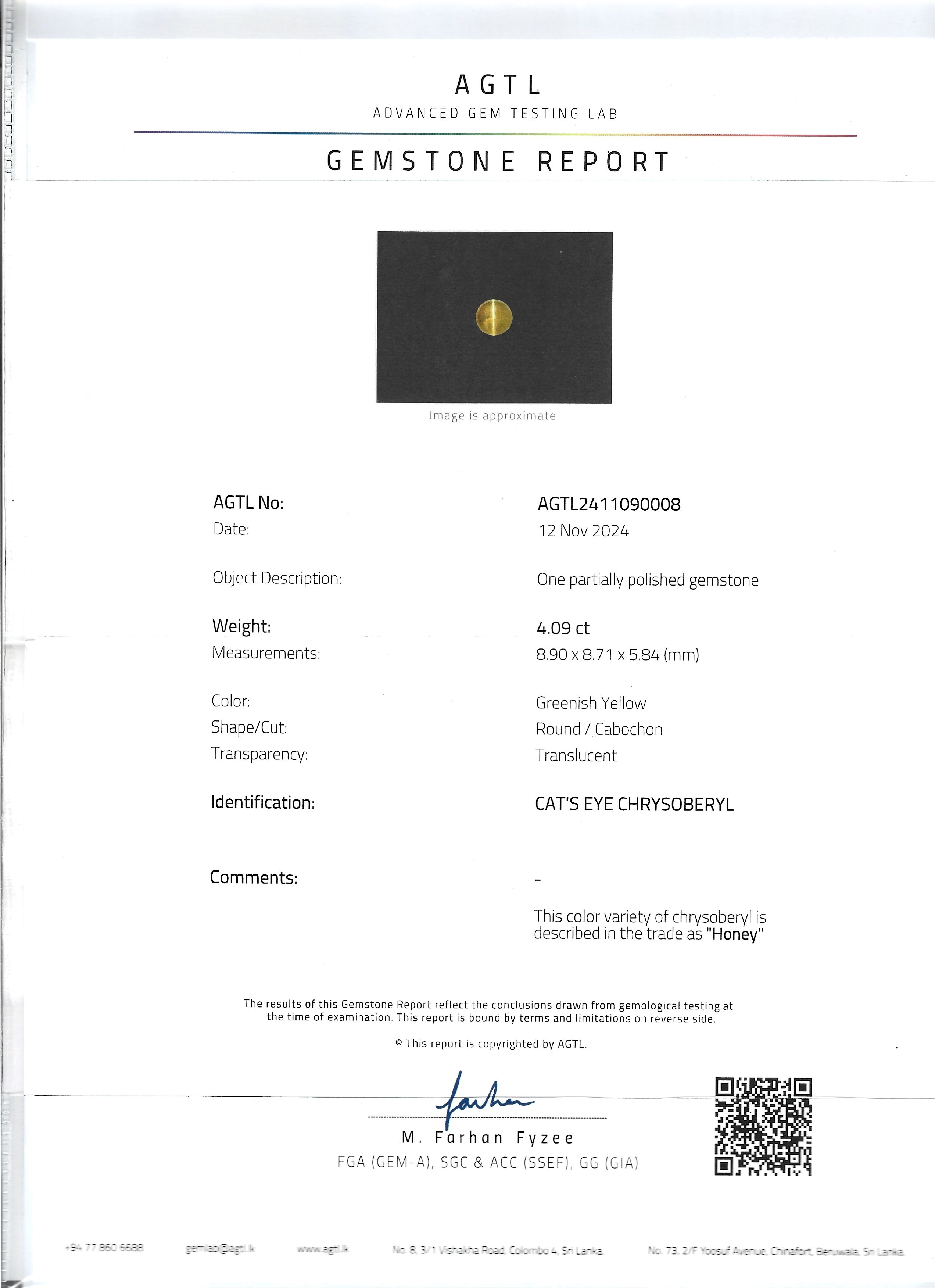 4.09 Ct. Cabochon Chrysoberyl from Ceylon (Sri Lanka)