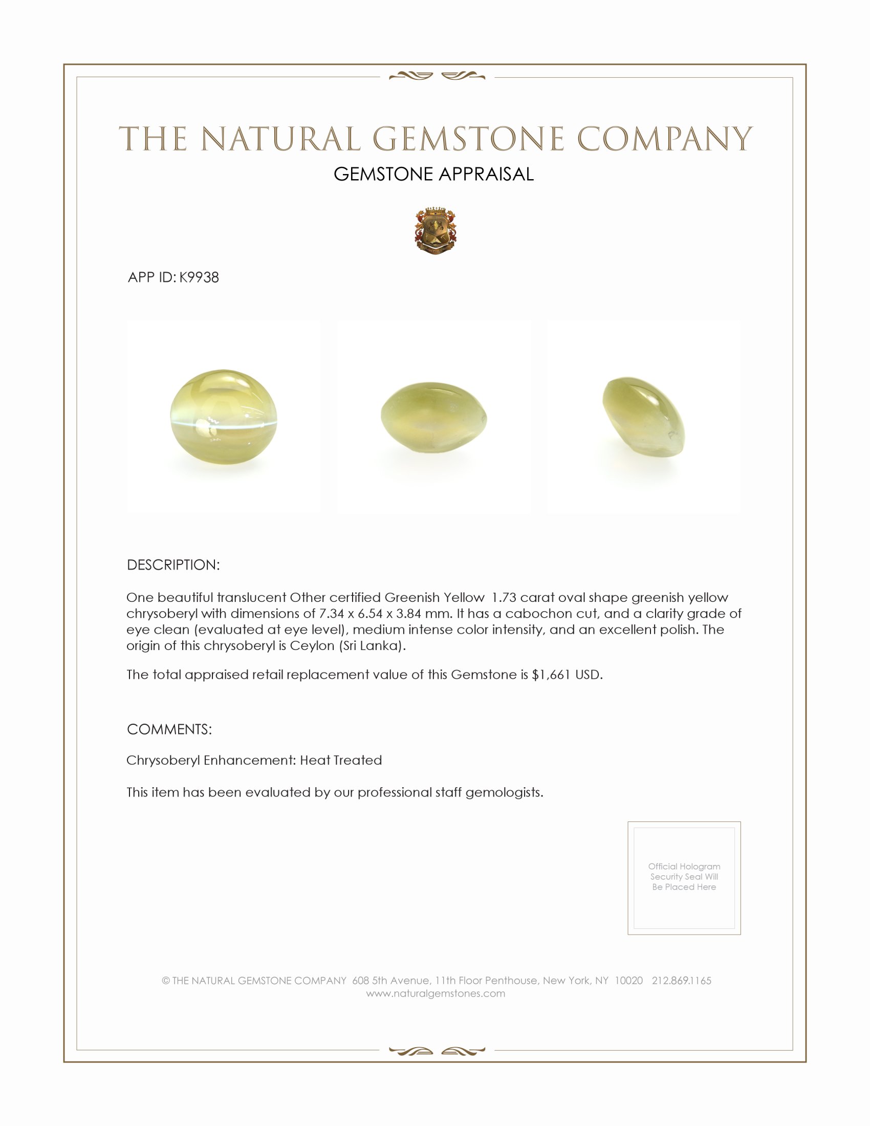 1.73 Ct. Cabochon Chrysoberyl from Ceylon (Sri Lanka)