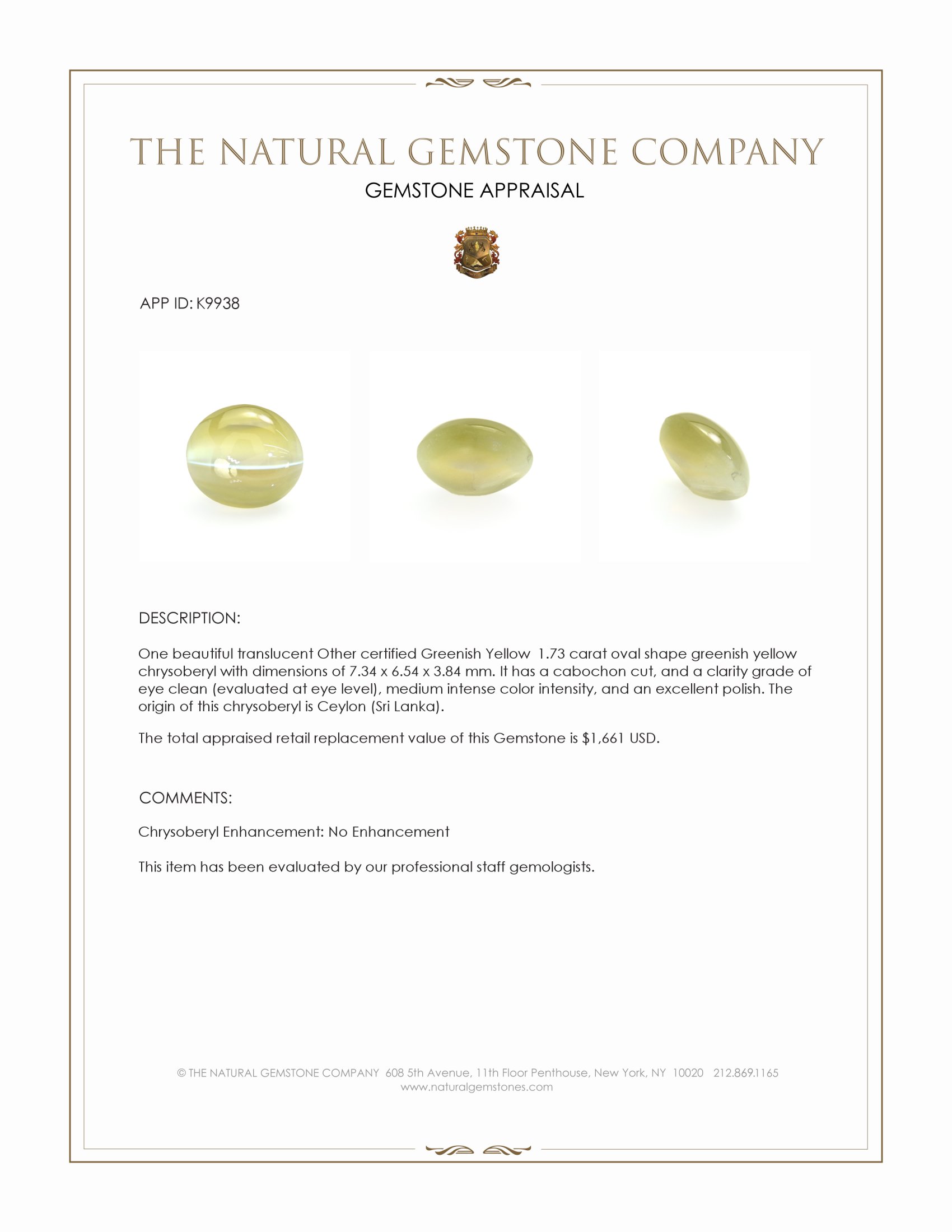 1.73 Ct. Cabochon Chrysoberyl from Ceylon (Sri Lanka)