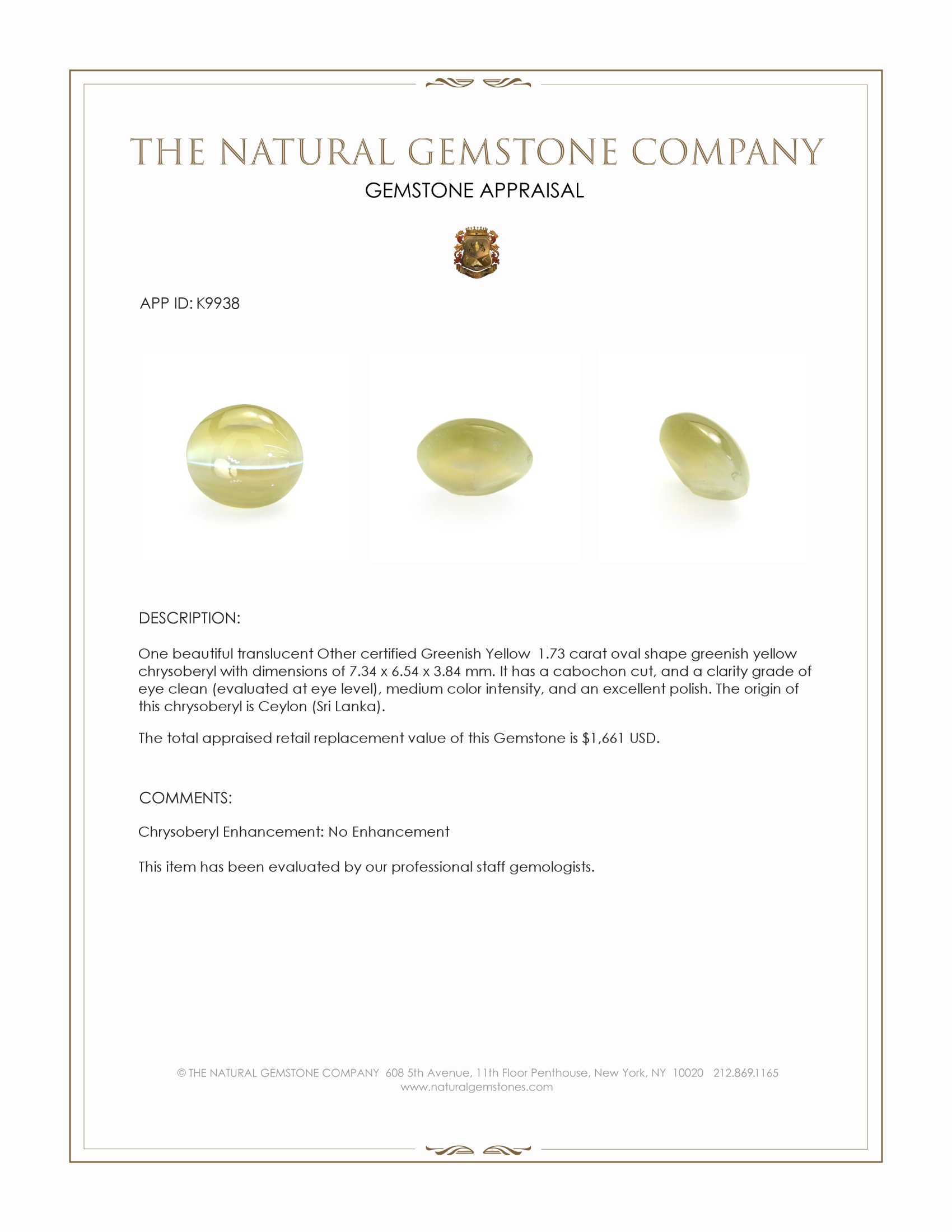 1.73 Ct. Greenish Yellow Cabochon Chrysoberyl from Ceylon (Sri Lanka)