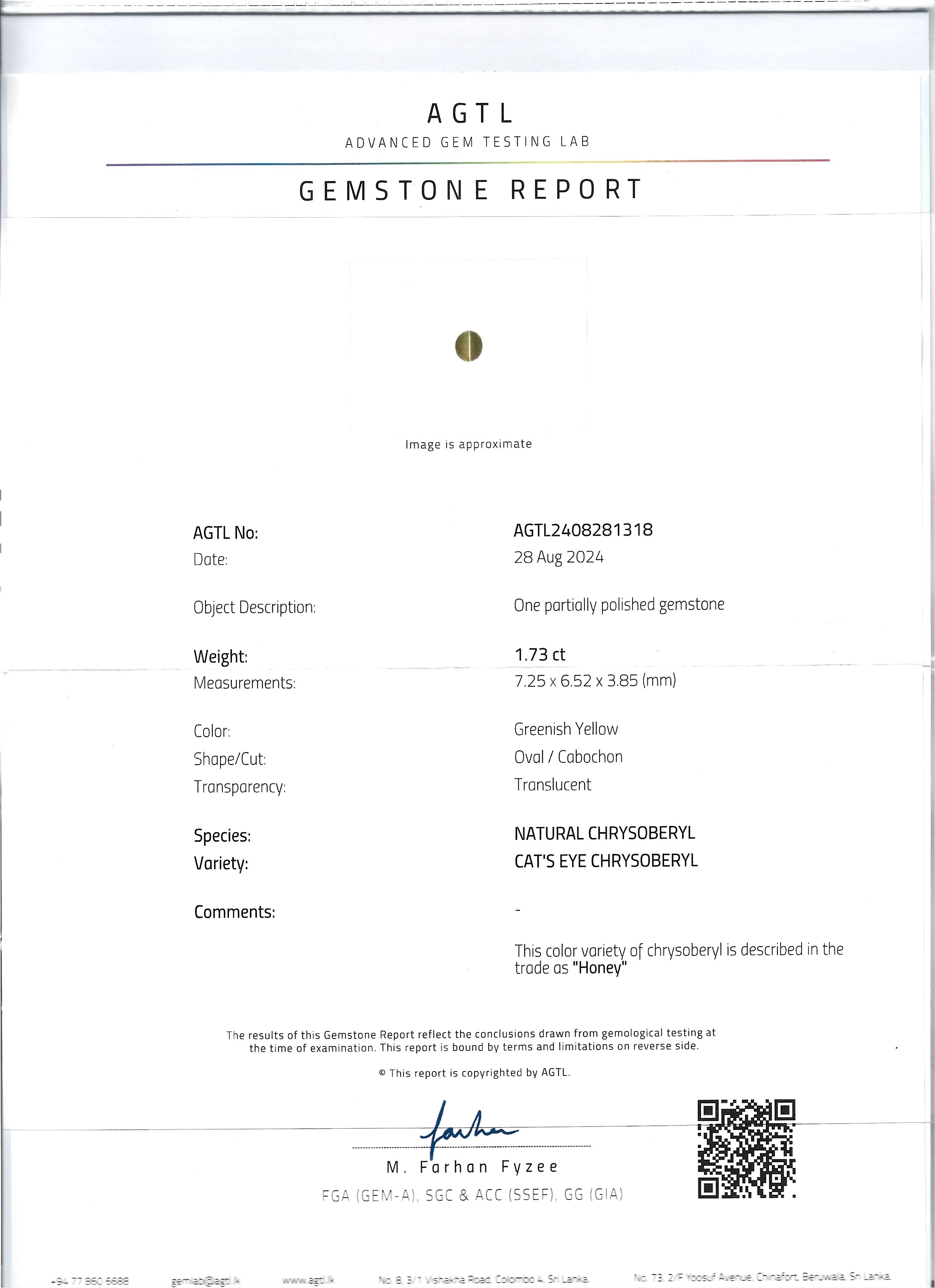 1.73 Ct. Cabochon Chrysoberyl from Ceylon (Sri Lanka)