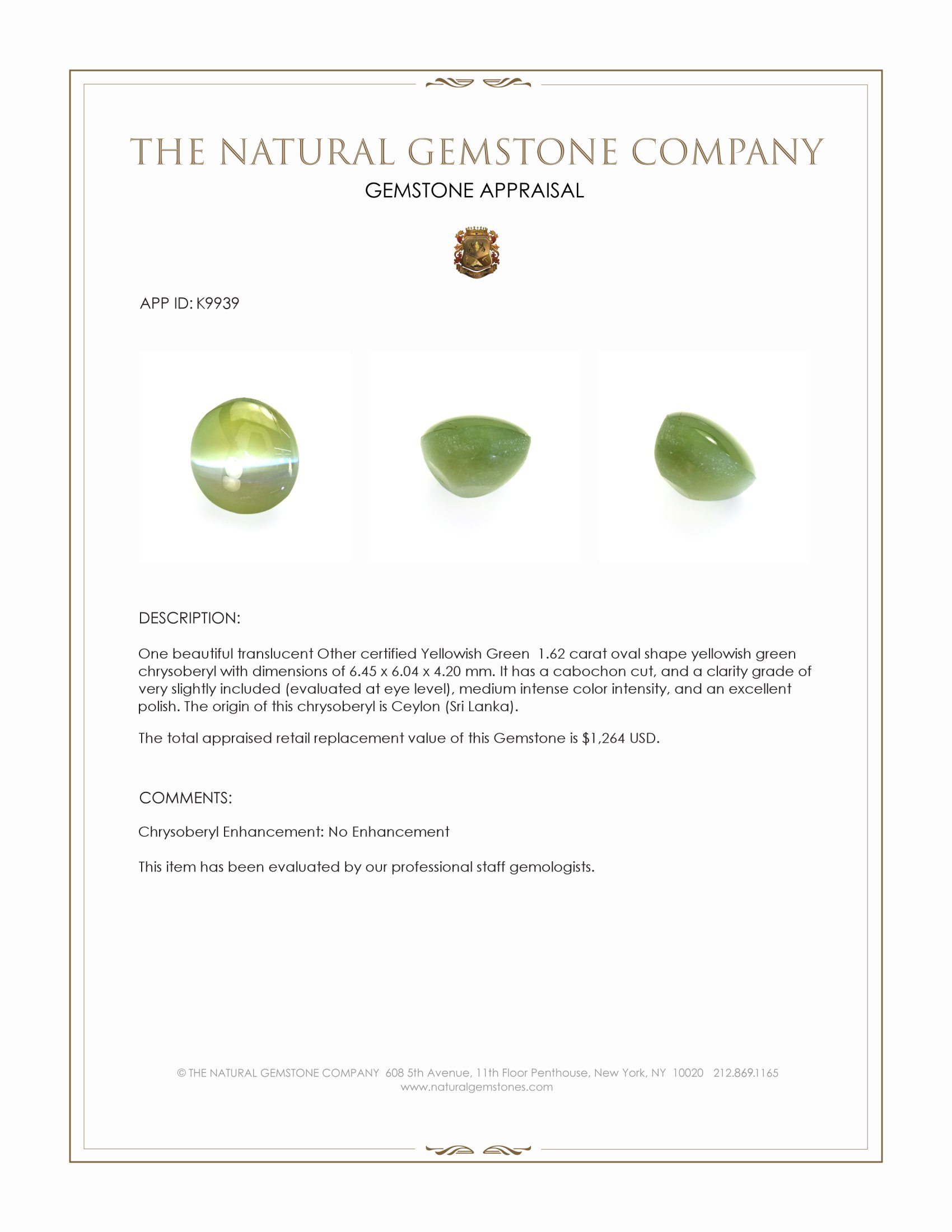 1.62 Ct. Cabochon Chrysoberyl from Ceylon (Sri Lanka)