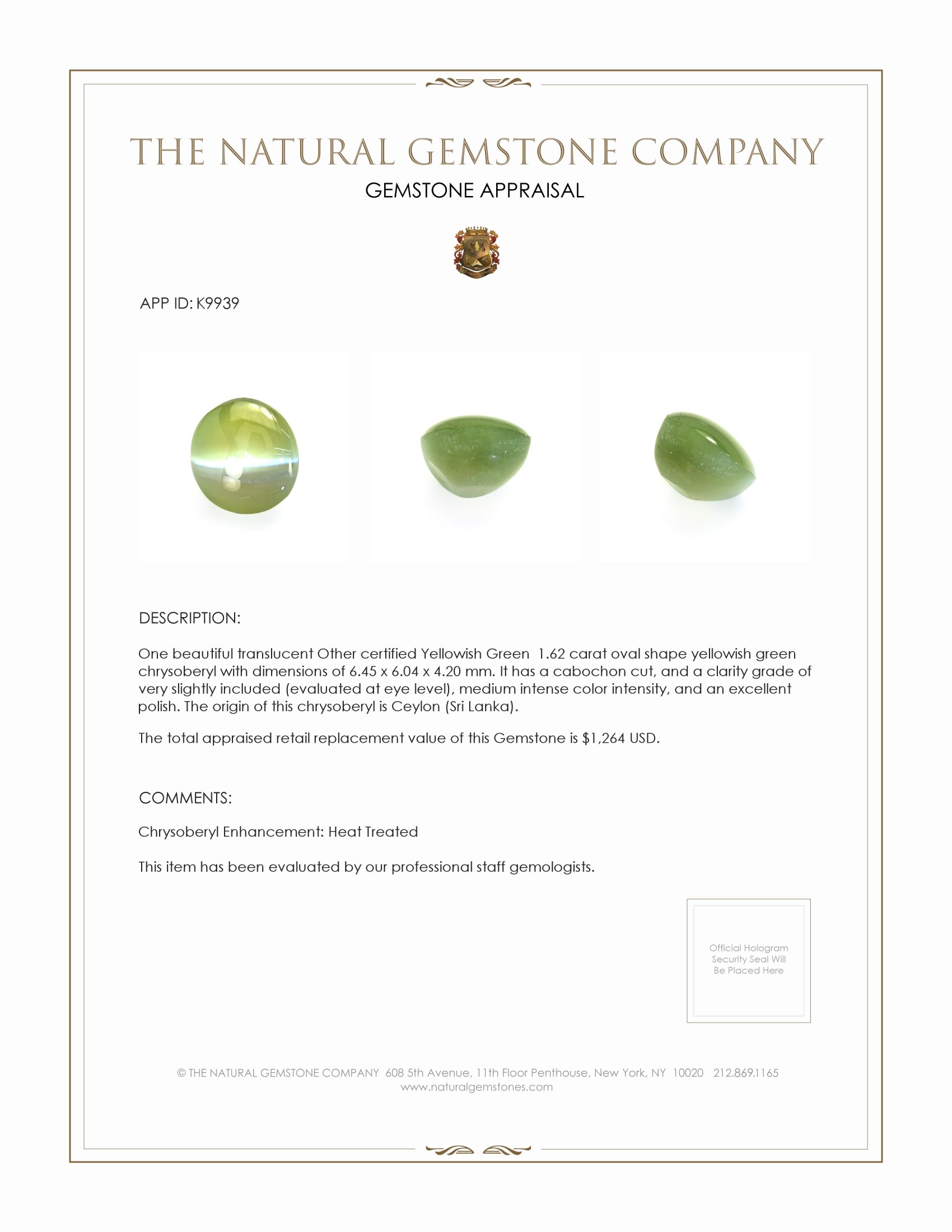 1.62 Ct. Cabochon Chrysoberyl from Ceylon (Sri Lanka)