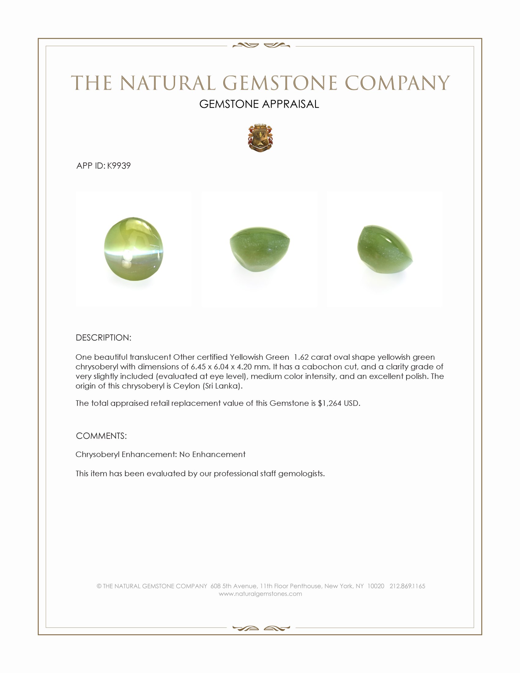 1.62 Ct. Cabochon Chrysoberyl from Ceylon (Sri Lanka)