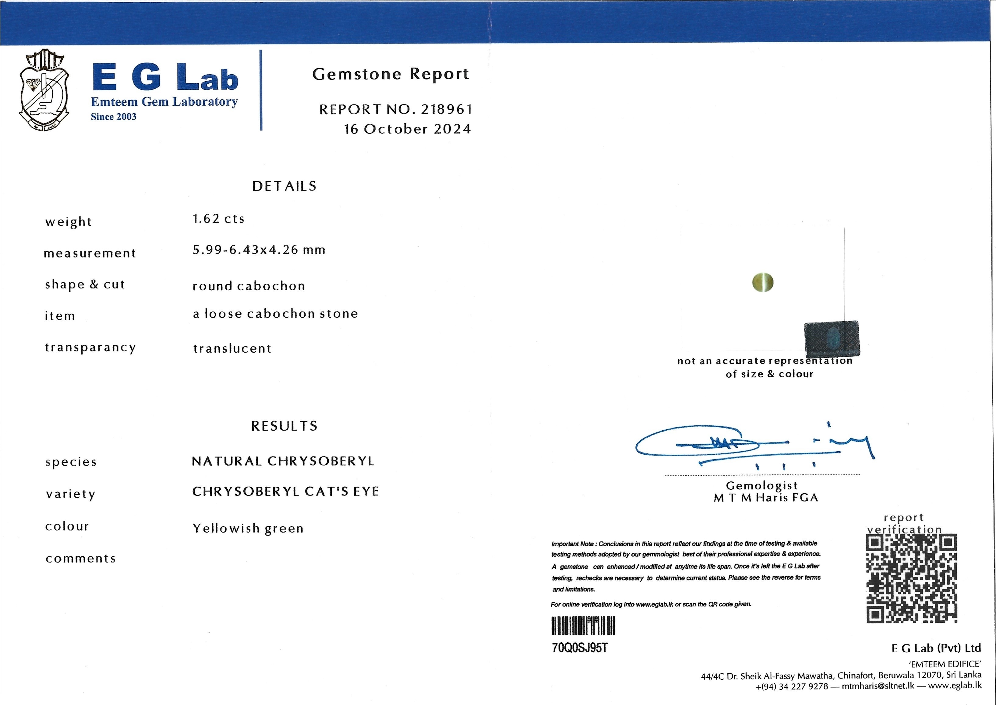 1.62 Ct. Cabochon Chrysoberyl from Ceylon (Sri Lanka)