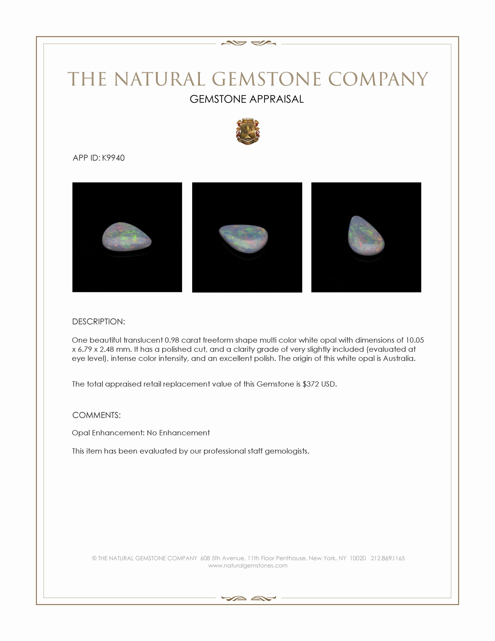 0.98 Ct. Multi Color White Opal (Light Opal) from Australia