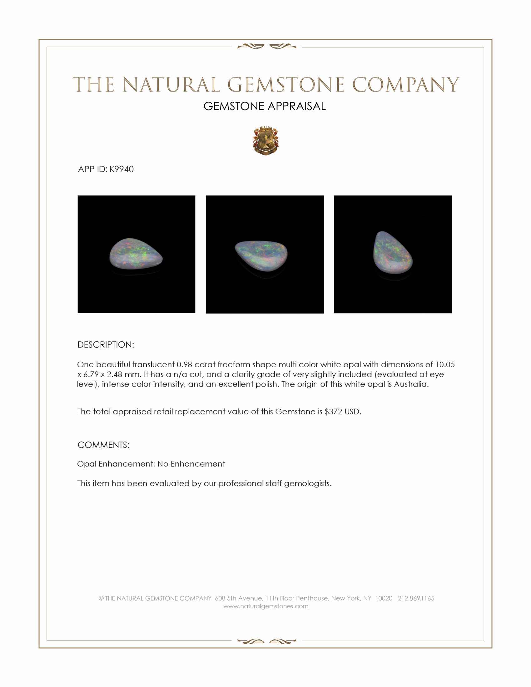 0.98 Ct. Multi Color White Opal from Australia