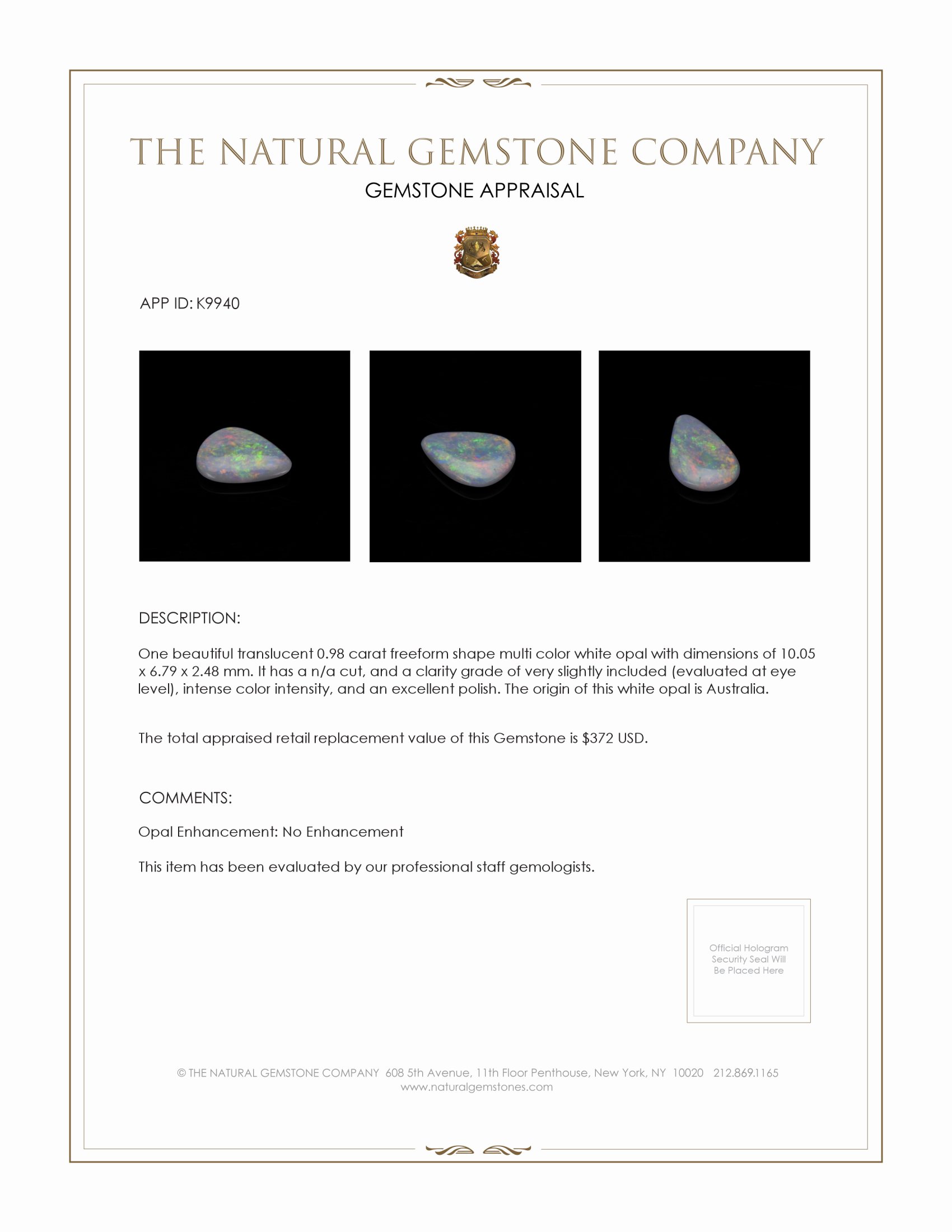 0.98 Ct. White Opal from Australia