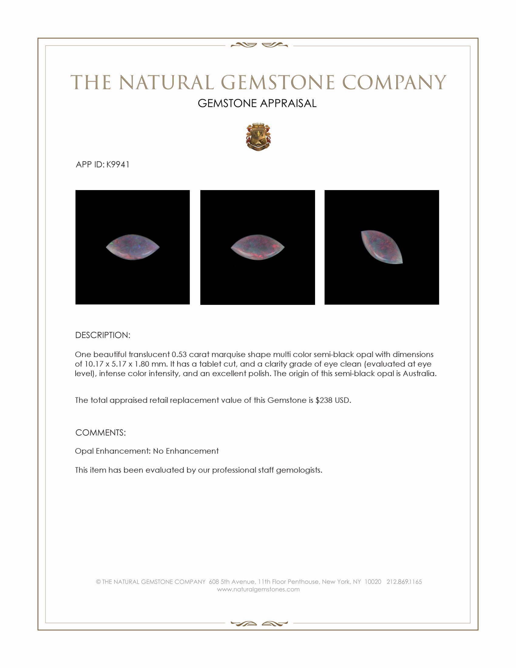 0.53 Ct. Semi-Black Opal from Australia