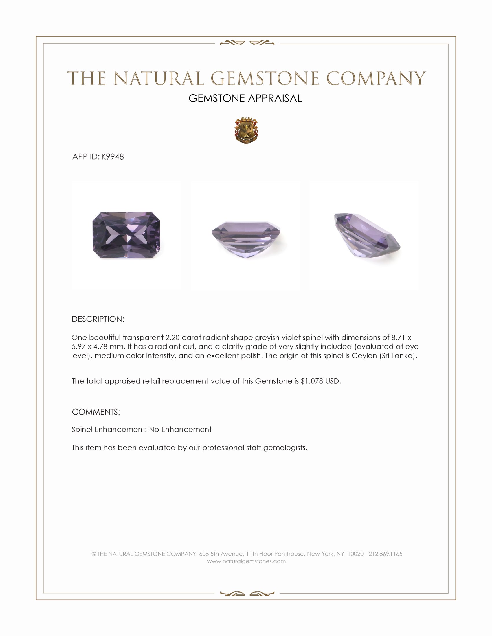 2.20 Ct. Greyish Violet Spinel from Ceylon (Sri Lanka)