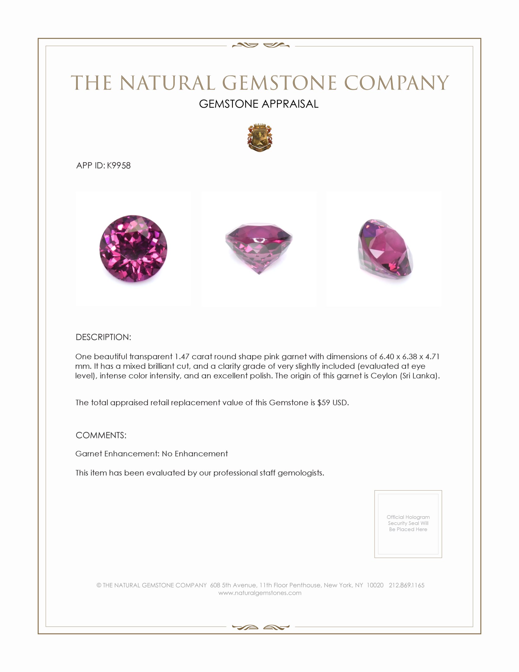 1.47 Ct. Garnet from Ceylon (Sri Lanka)