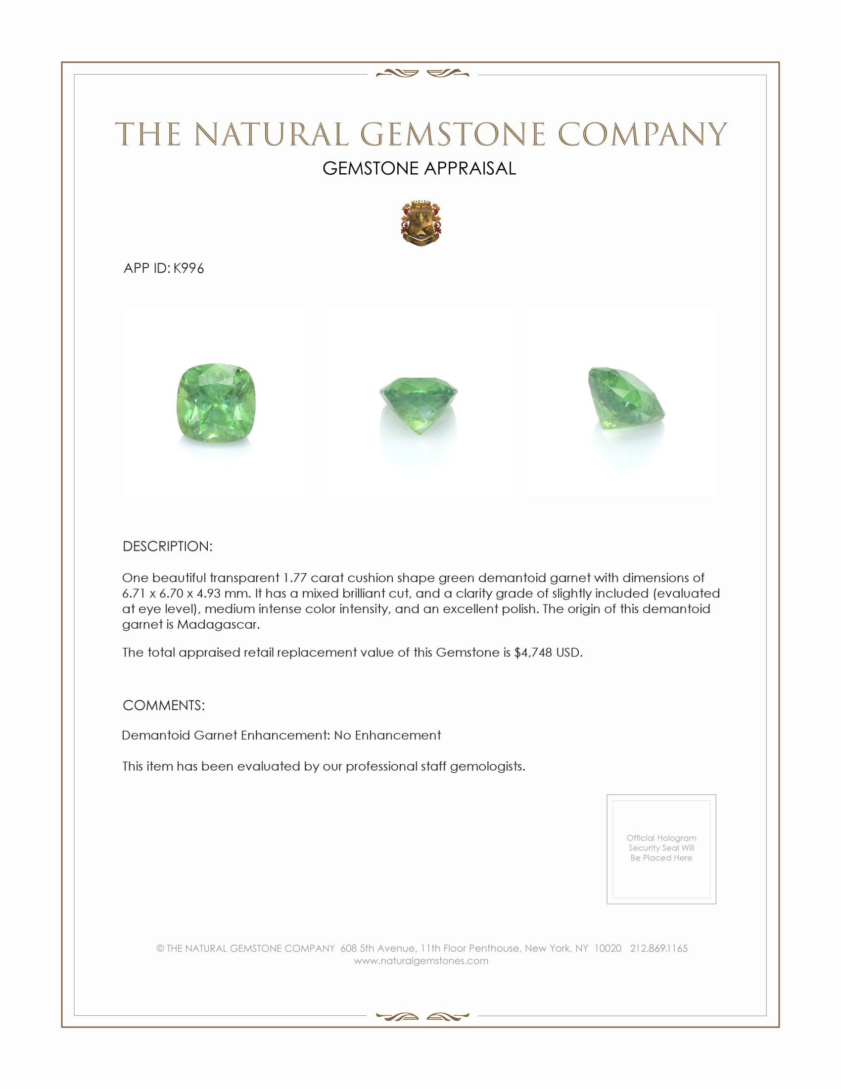 1.77 Ct. Demantoid Garnet from Madagascar