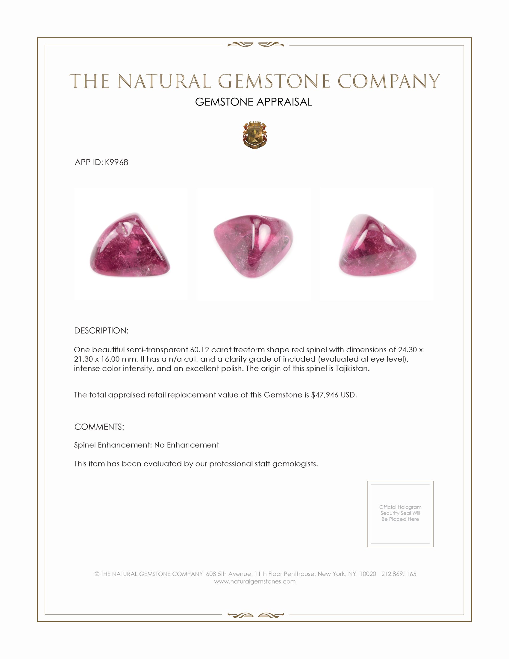 60.12 Ct. Cabochon Spinel from Tajikistan