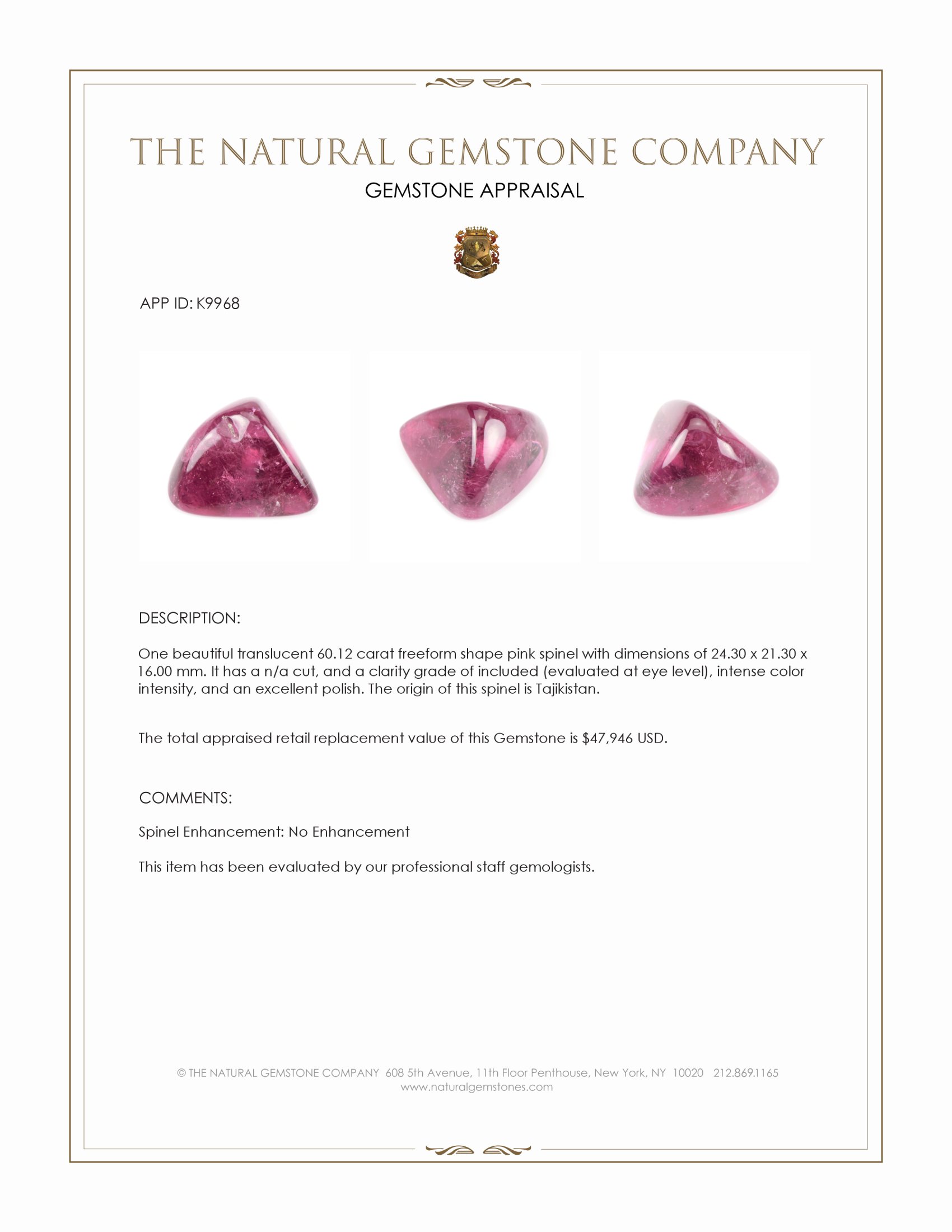 60.12 Ct. Pink Cabochon Spinel from Tajikistan