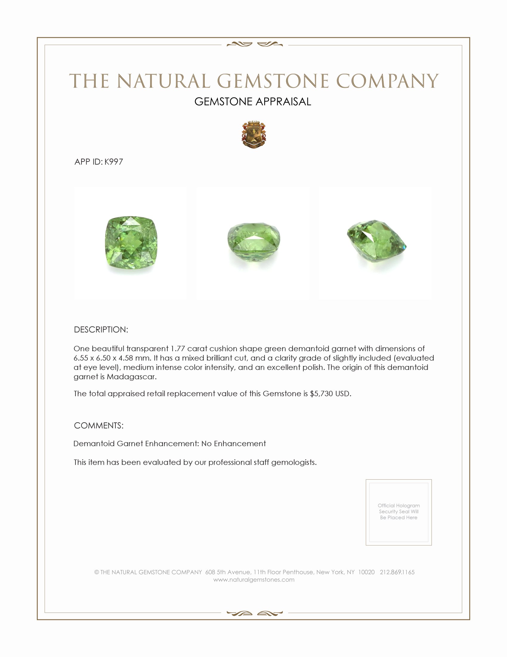 1.77 Ct. Demantoid Garnet from Madagascar