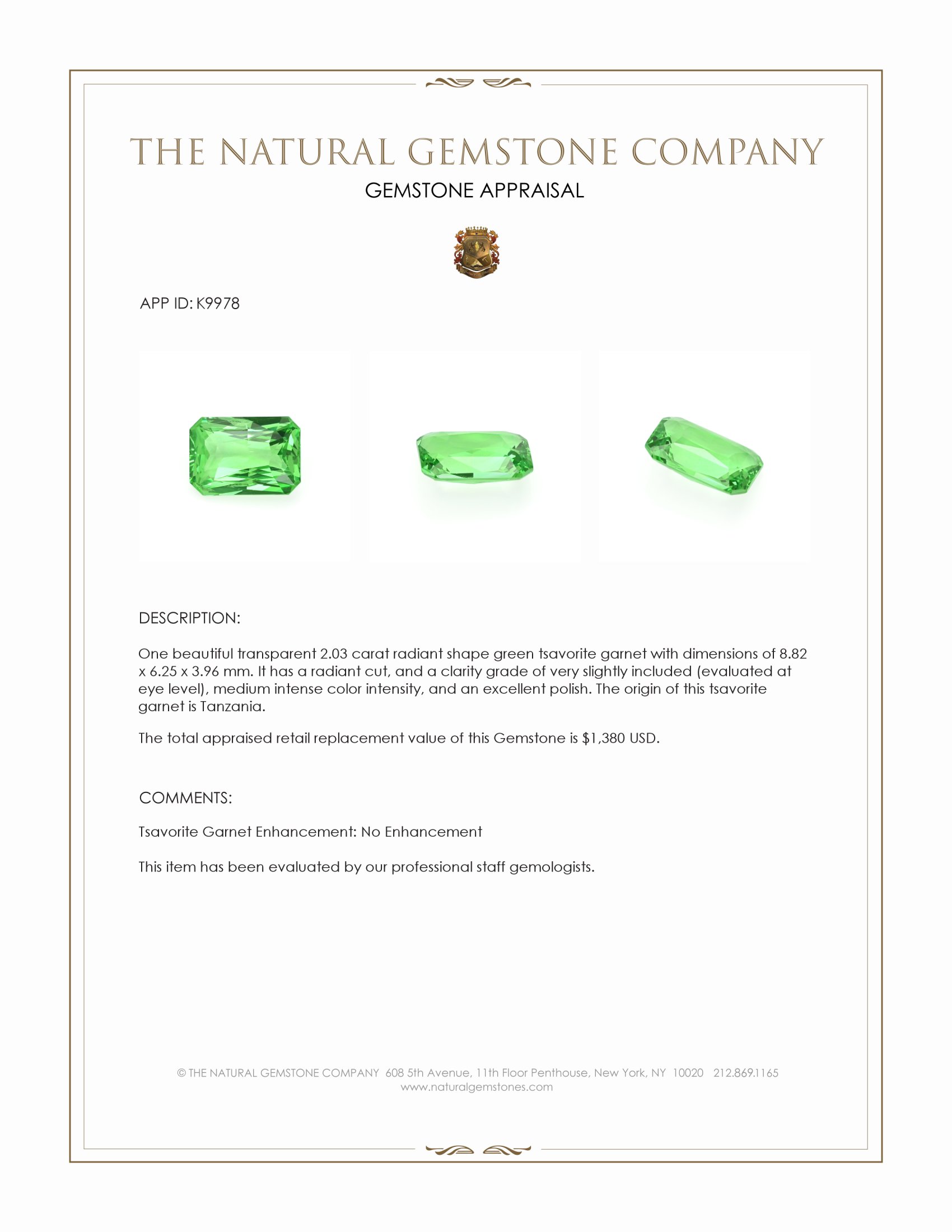 2.03 Ct. Tsavorite Garnet from Tanzania
