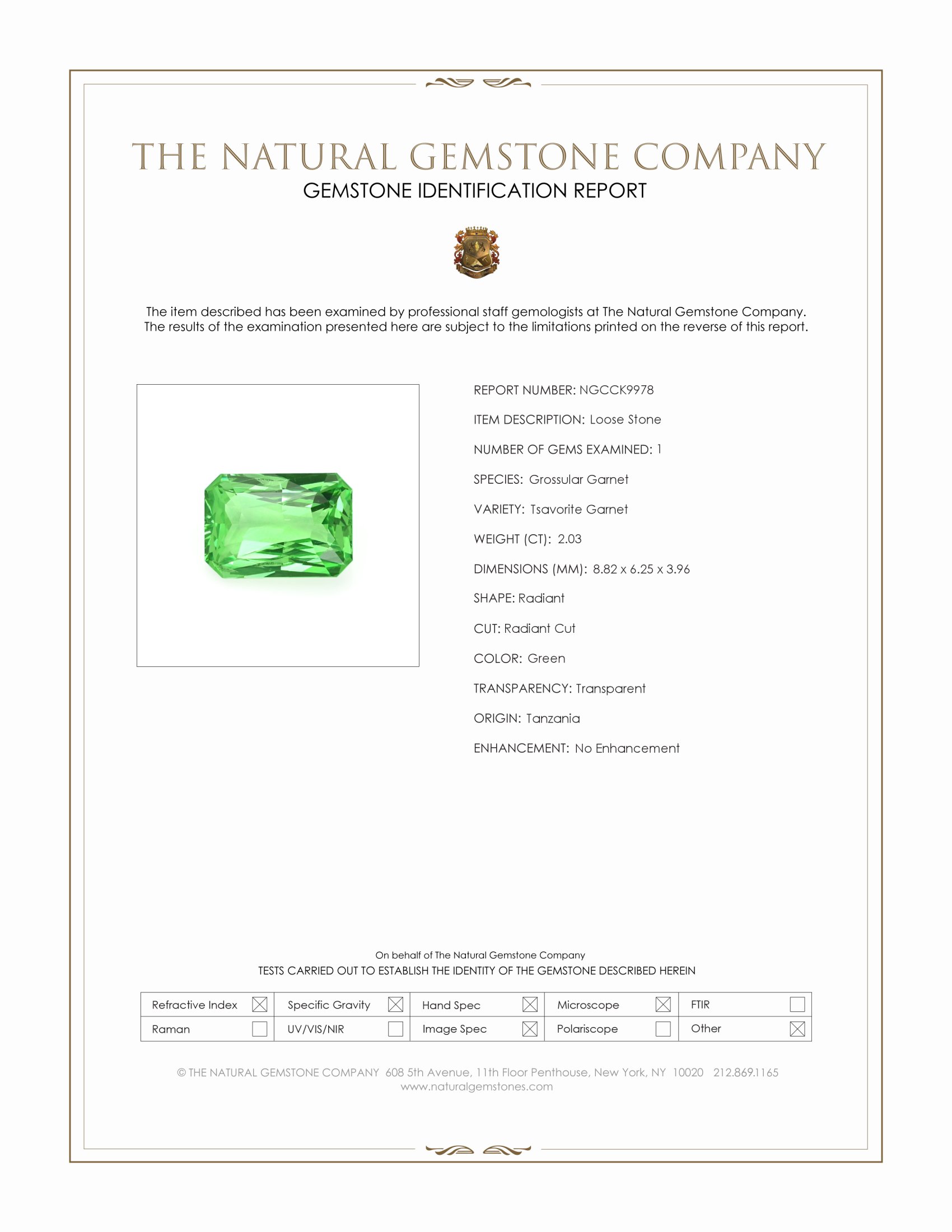 2.03 Ct. Tsavorite Garnet from Tanzania