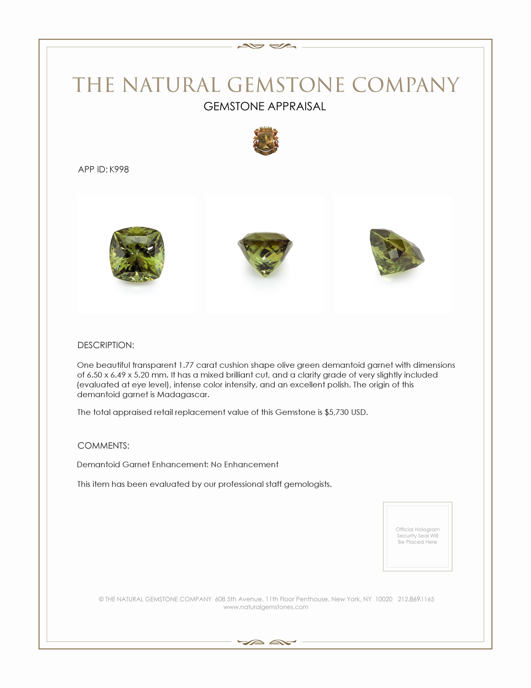 1.77 Ct. Demantoid Garnet from Madagascar