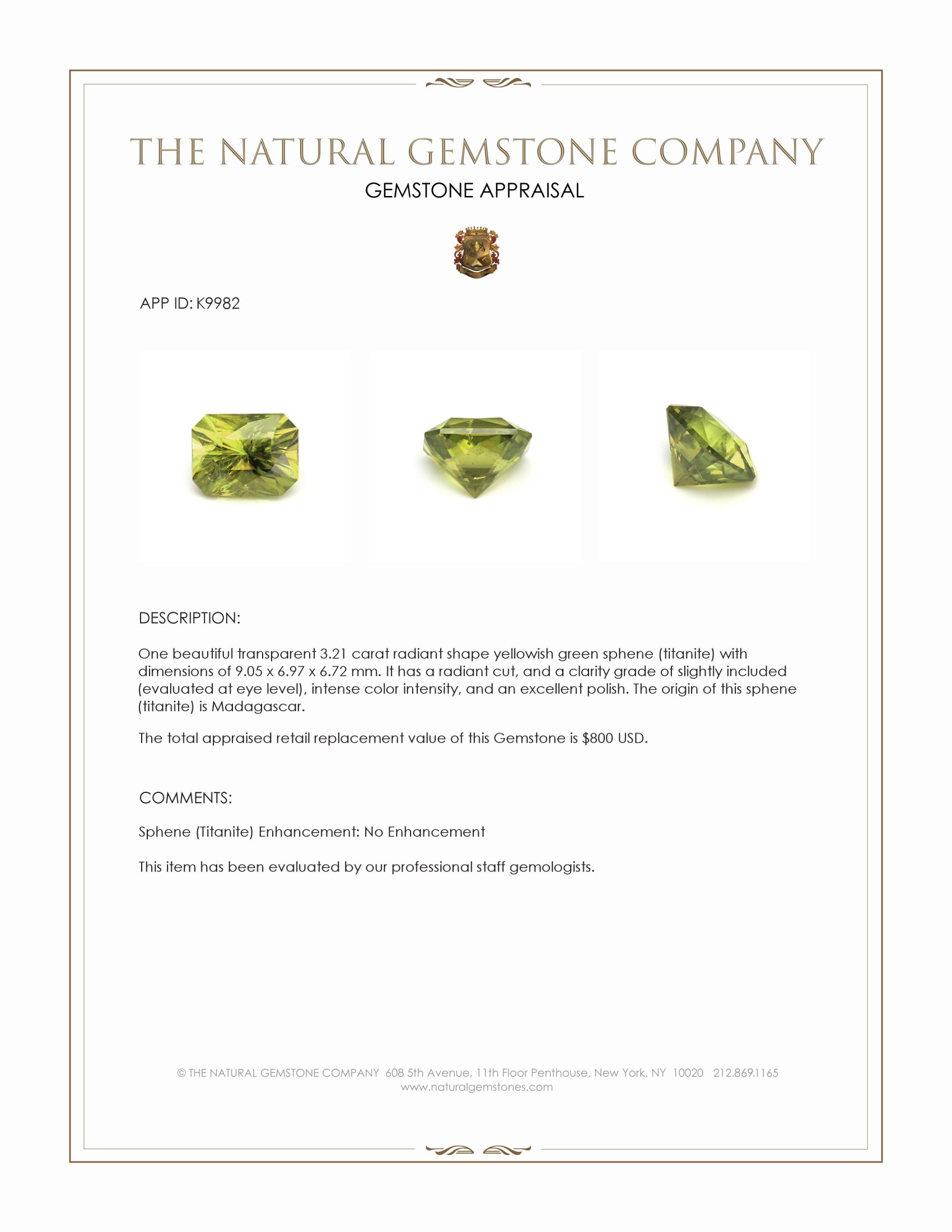 3.21 Ct. Yellowish Green Sphene (Titanite) from Madagascar