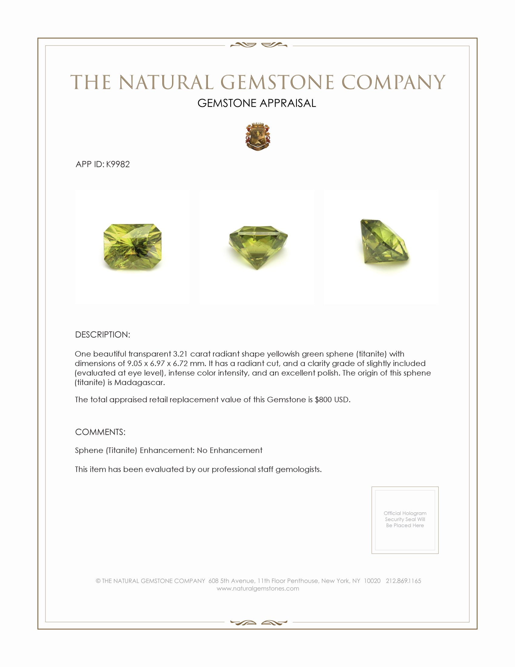 3.21 Ct. Sphene (Titanite) from Madagascar