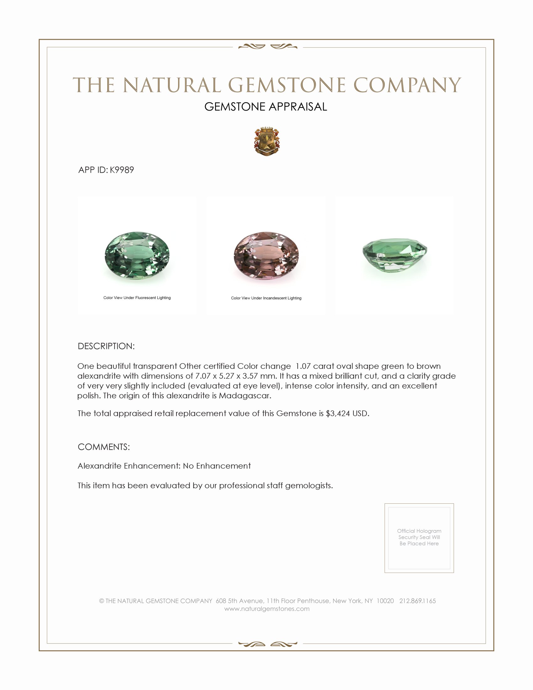 1.07 Ct. Alexandrite from Madagascar