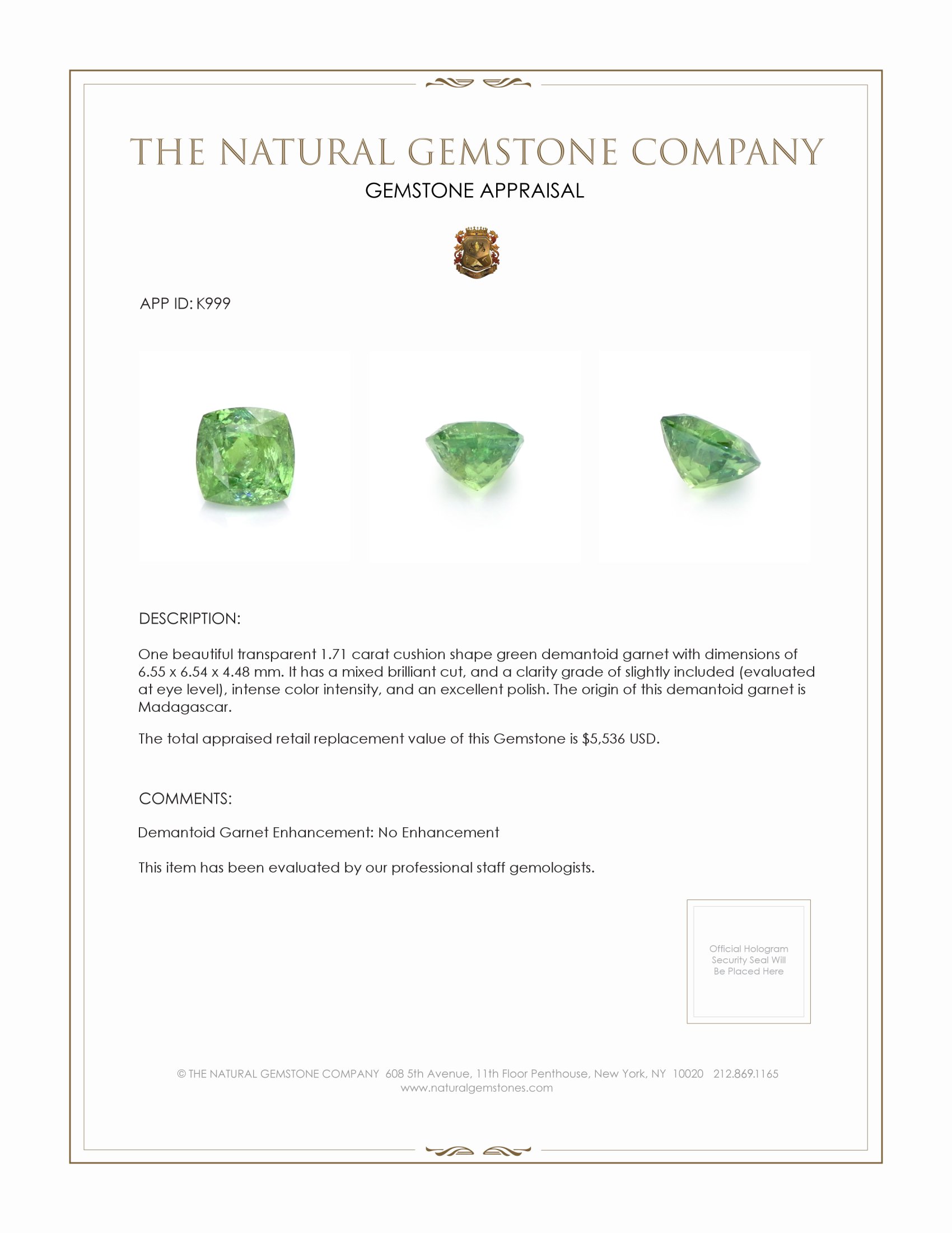1.71 Ct. Green Demantoid Garnet from Madagascar