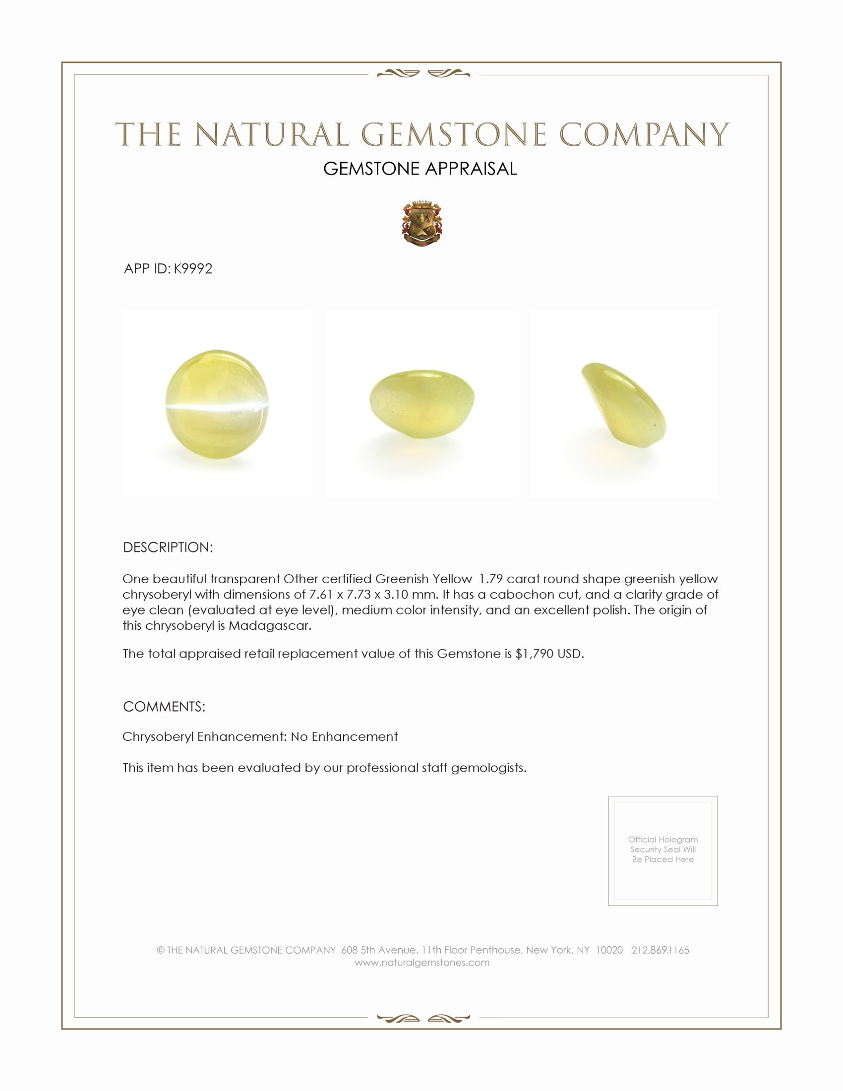 1.79 Ct. Cabochon Chrysoberyl from Madagascar