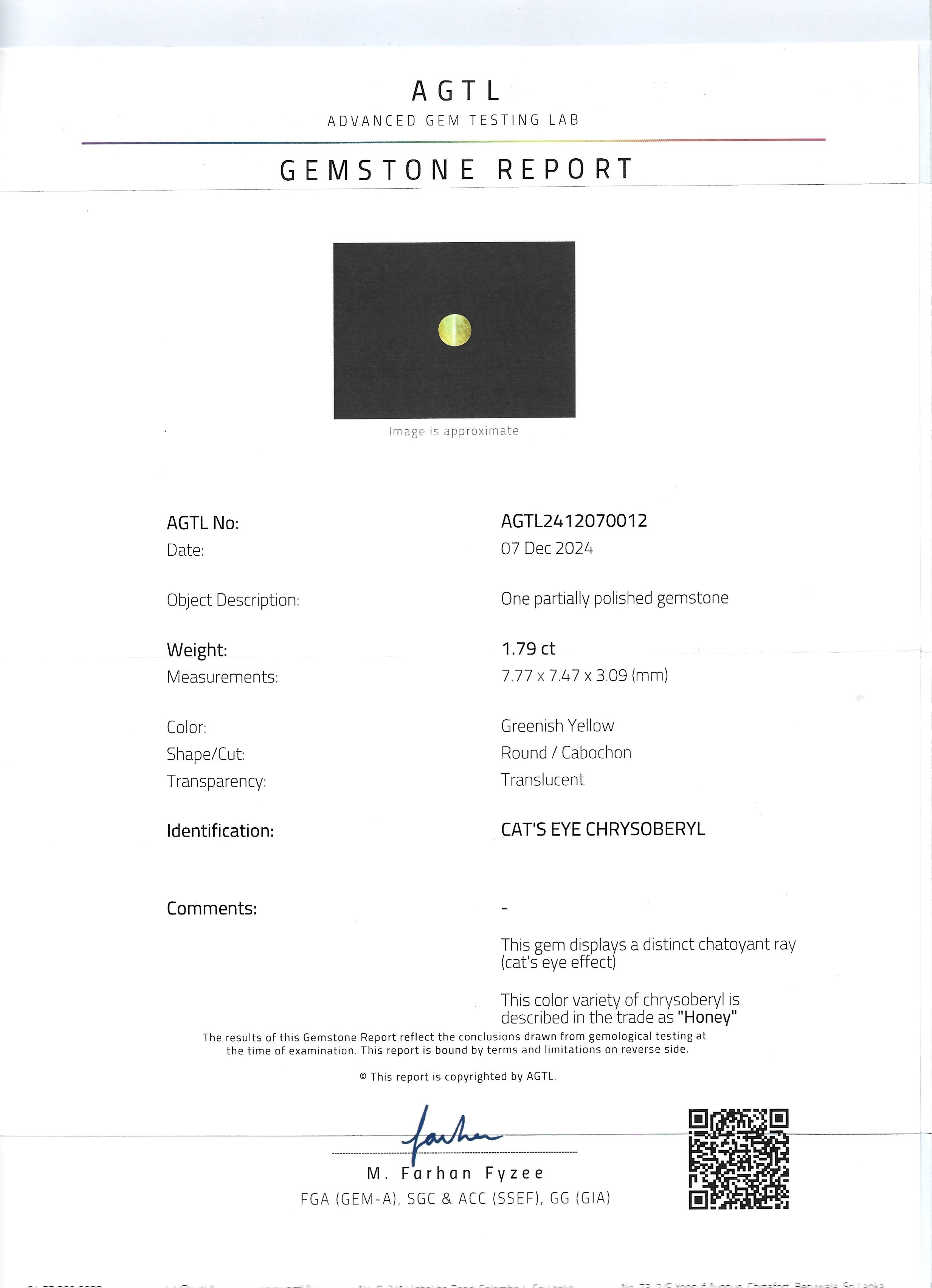 1.79 Ct. Cabochon Chrysoberyl from Madagascar