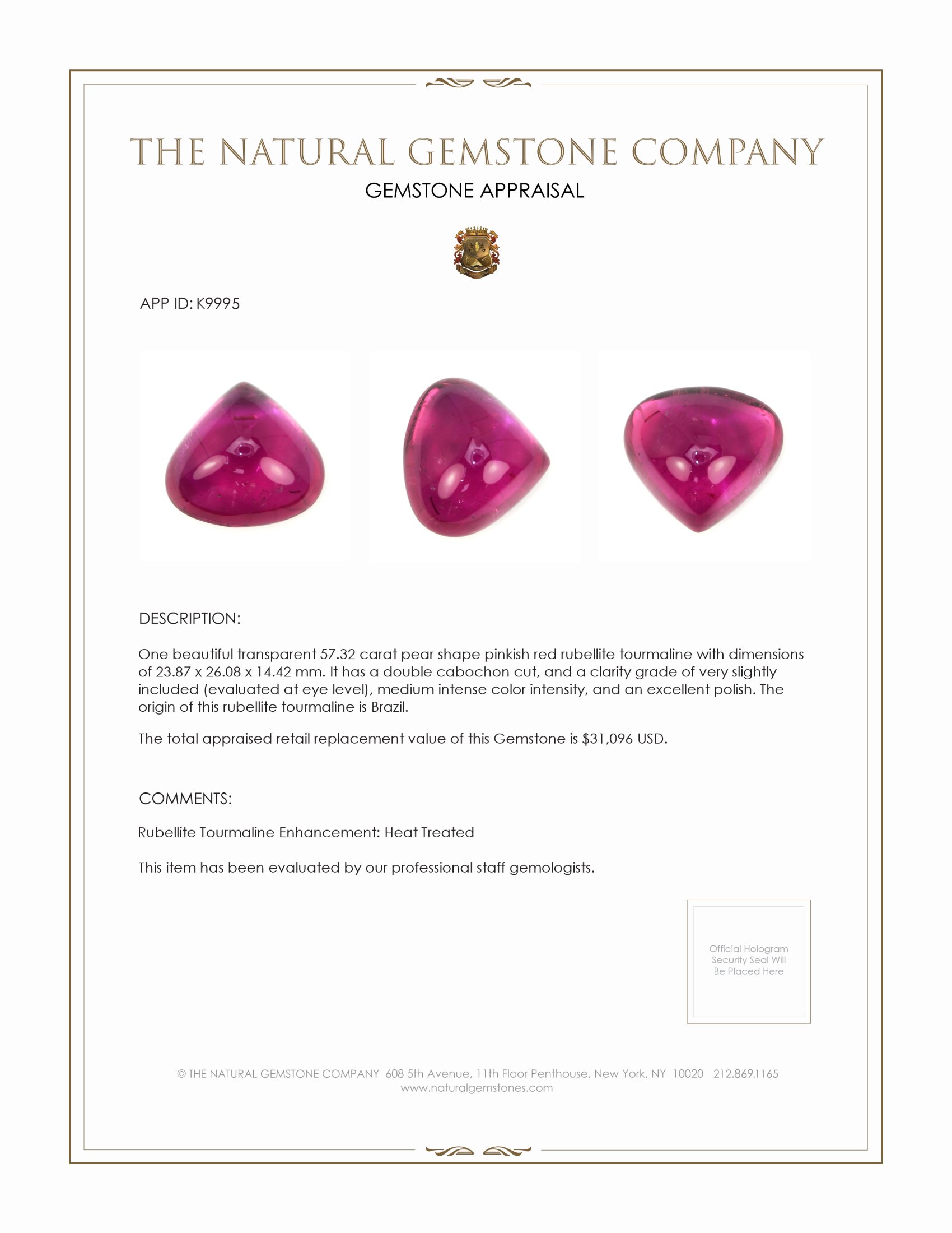 57.32 Ct. Cabochon Rubellite Tourmaline from Brazil