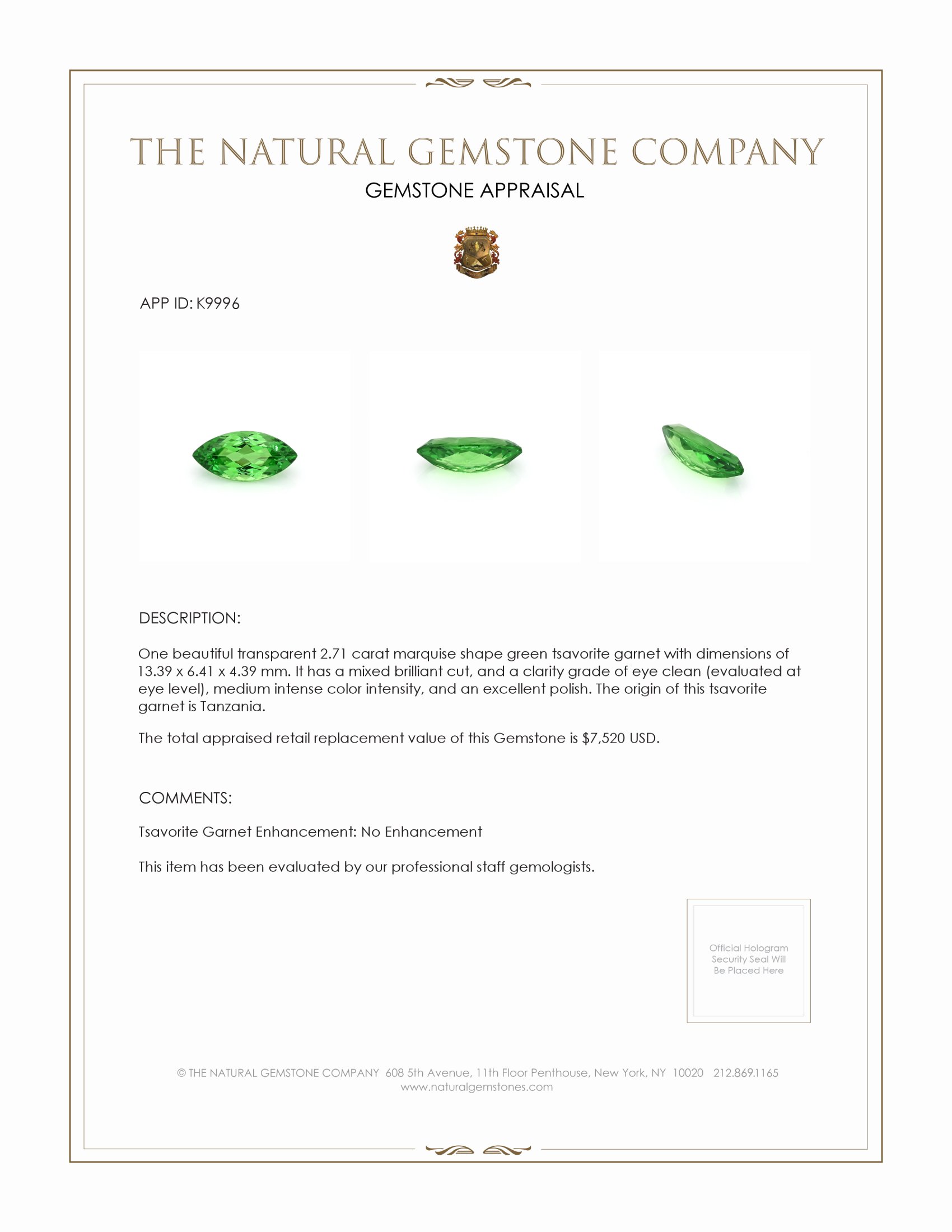 2.71 Ct. Tsavorite Garnet from Tanzania