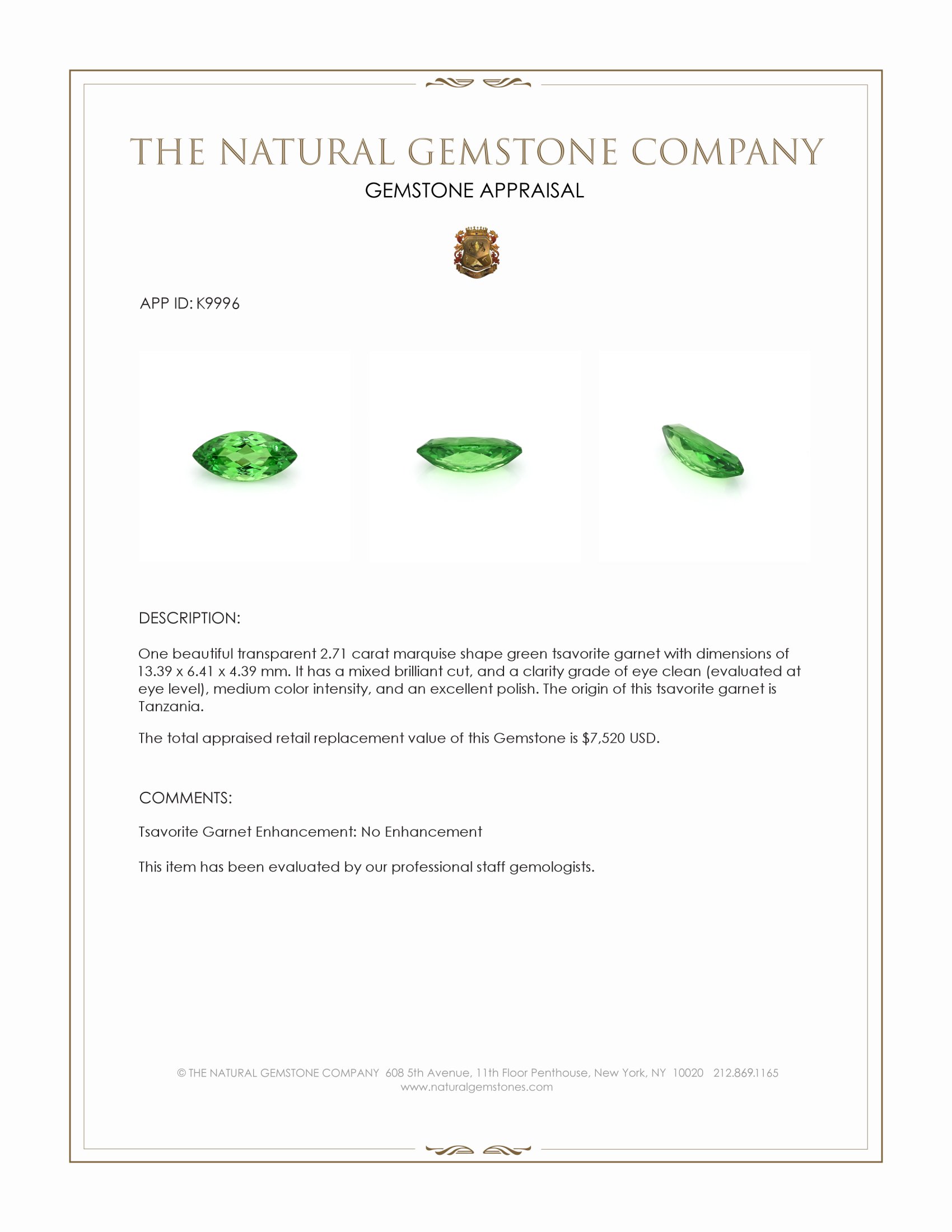 2.71 Ct. Tsavorite Garnet from Tanzania