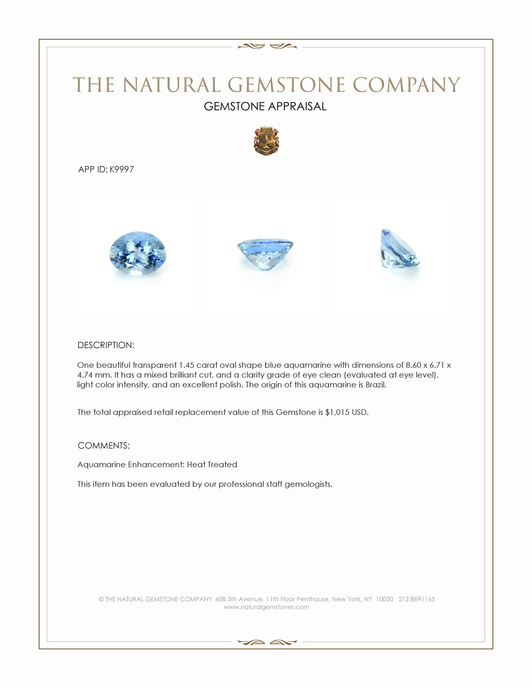 1.45 Ct. Blue Aquamarine from Brazil