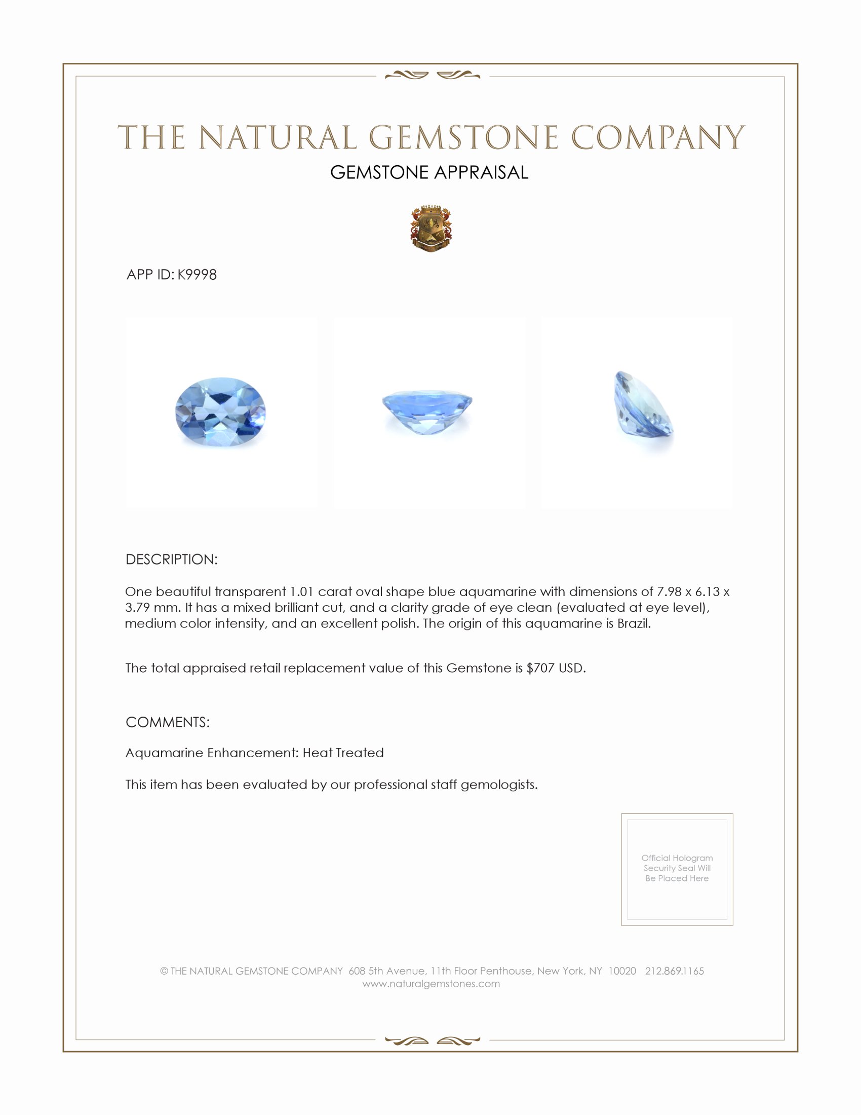 1.01 Ct. Aquamarine from Brazil